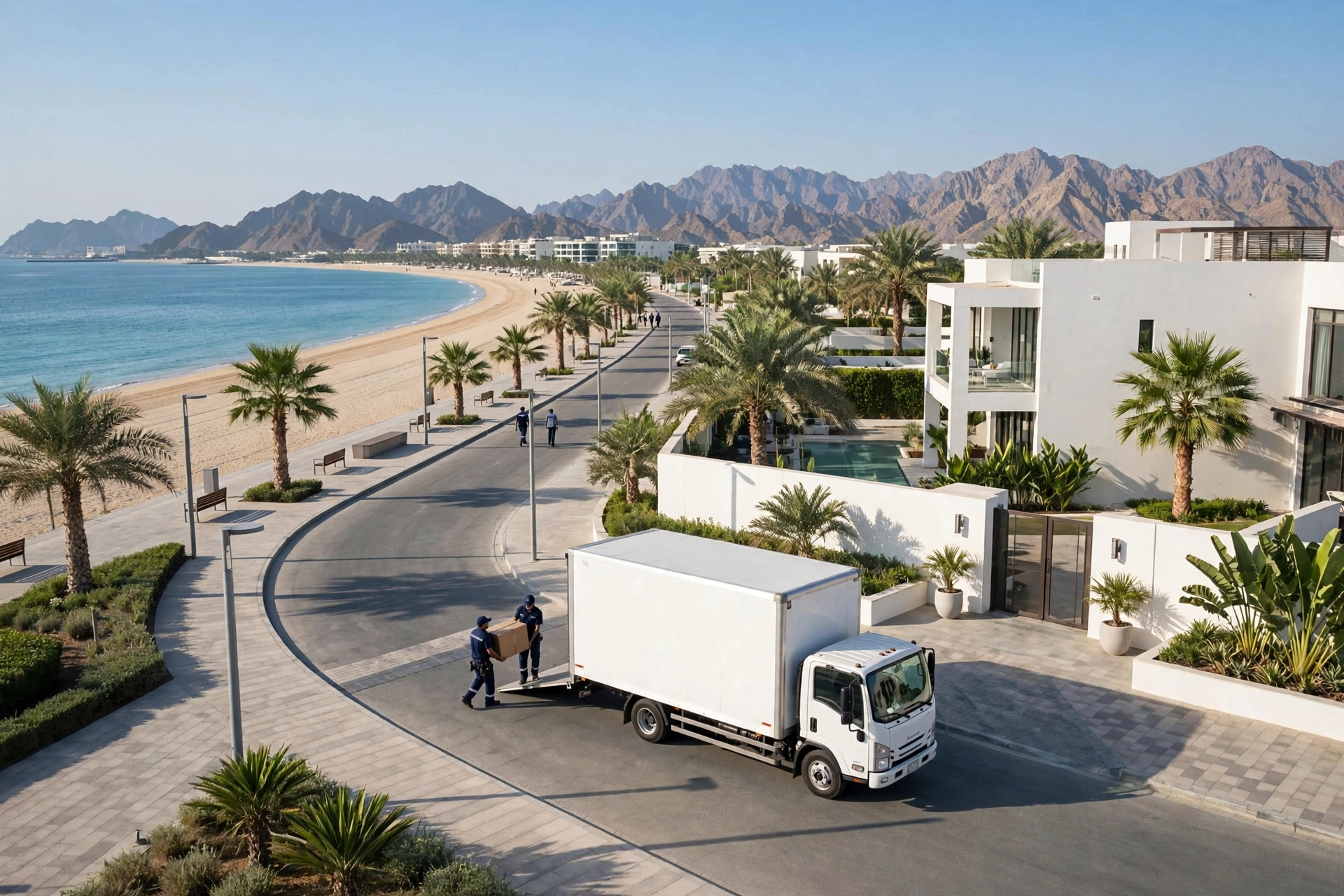 Movers loading a plain white truck outside a home in Khor Fakkan Corniche, Khor Fakkan