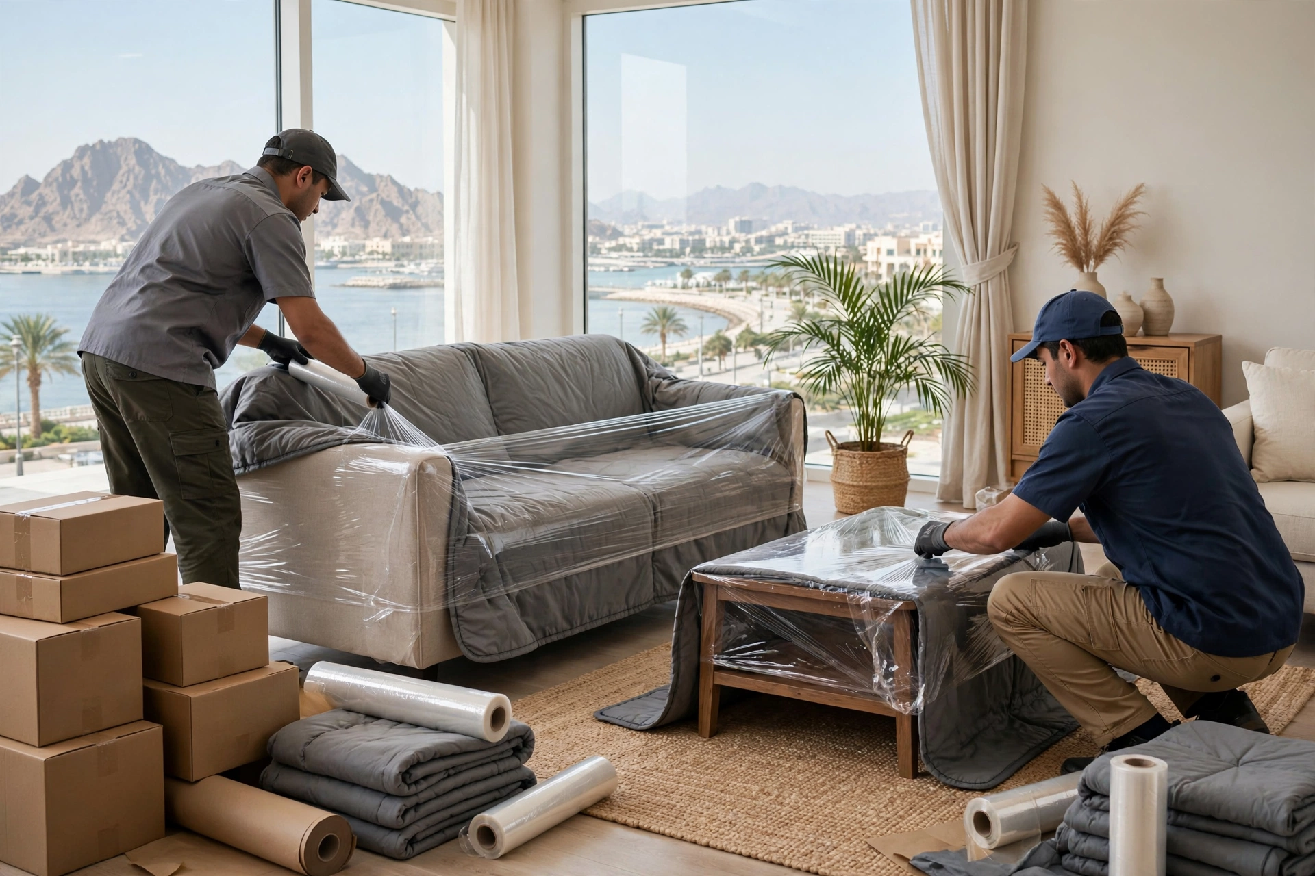 Movers carrying a wrapped sofa through a doorway in Khor Fakkan Corniche, Khor Fakkan
