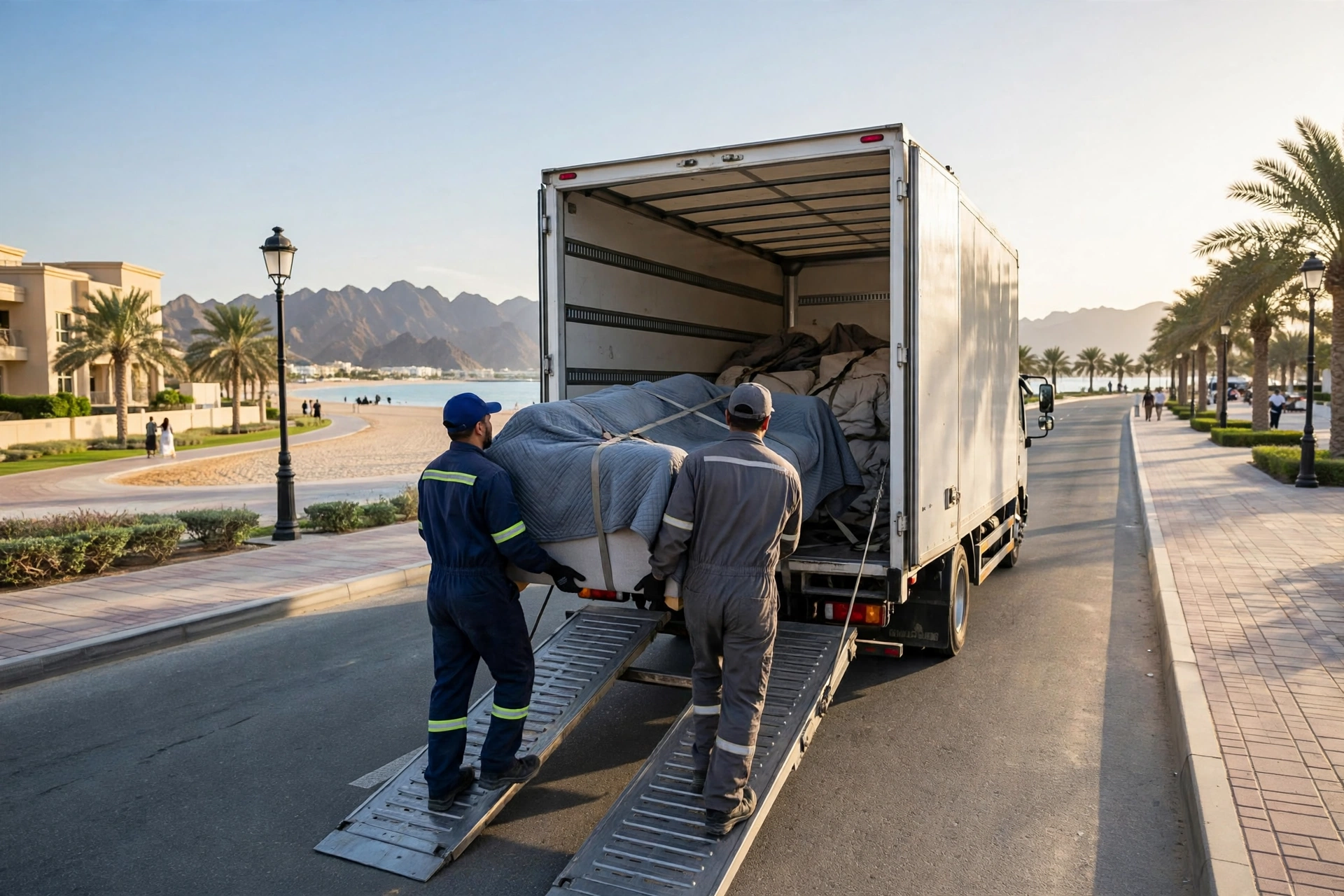 Packed and labelled boxes ready in a bright living room in Khor Fakkan Corniche, Khor Fakkan