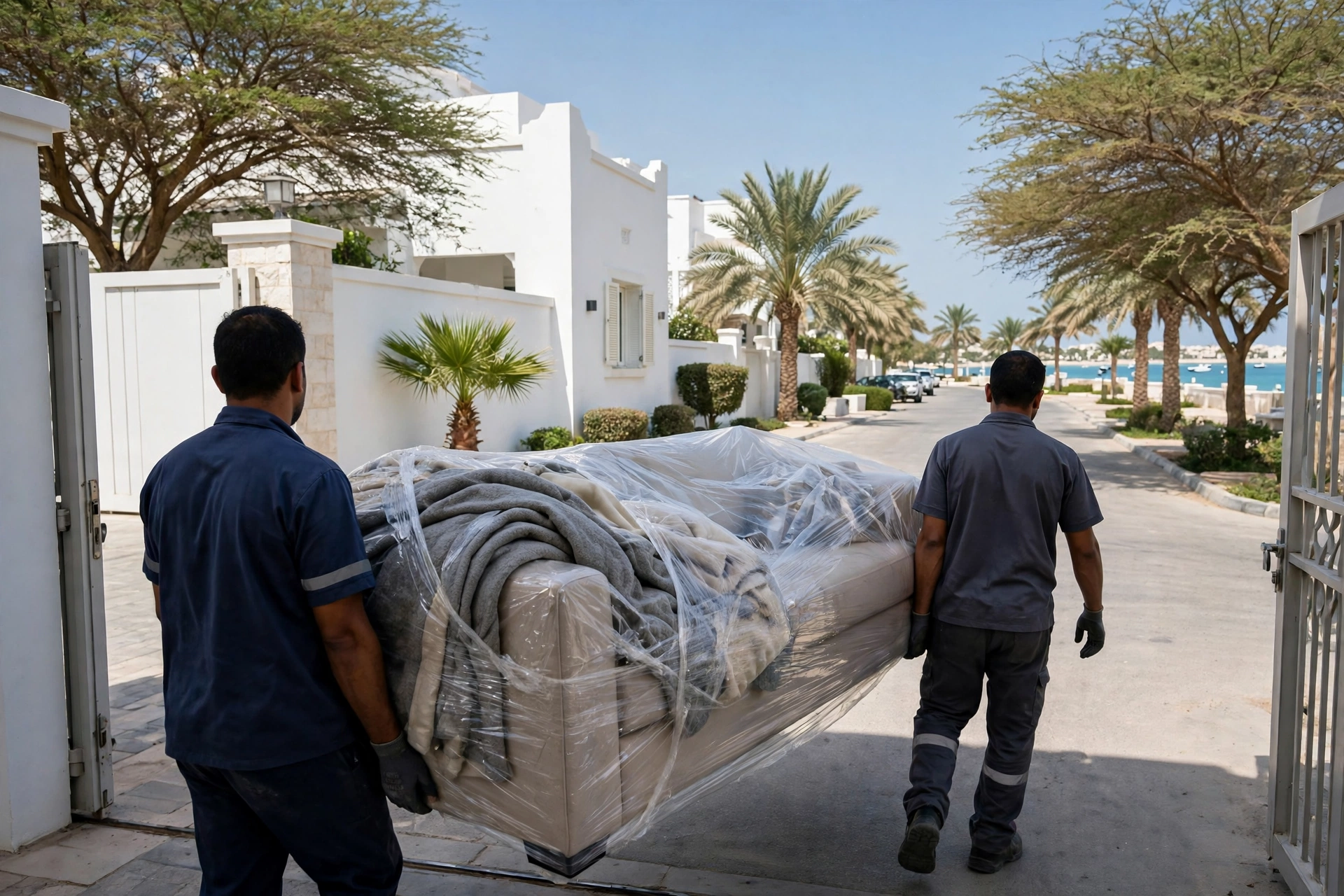 Crew carrying a wrapped wooden wardrobe out of a Khuzam villa