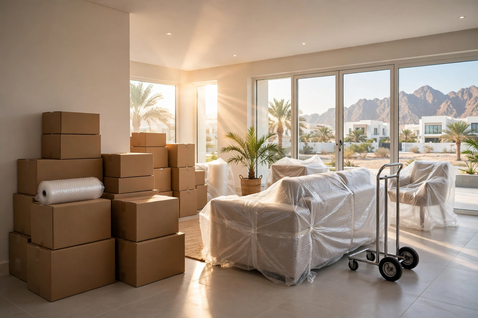 Labelled packing boxes stacked in a bright Khuzam living room