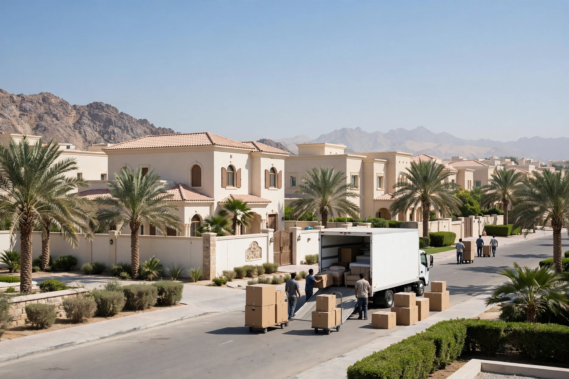 Movers loading a plain white truck outside a home in Madhab, Fujairah