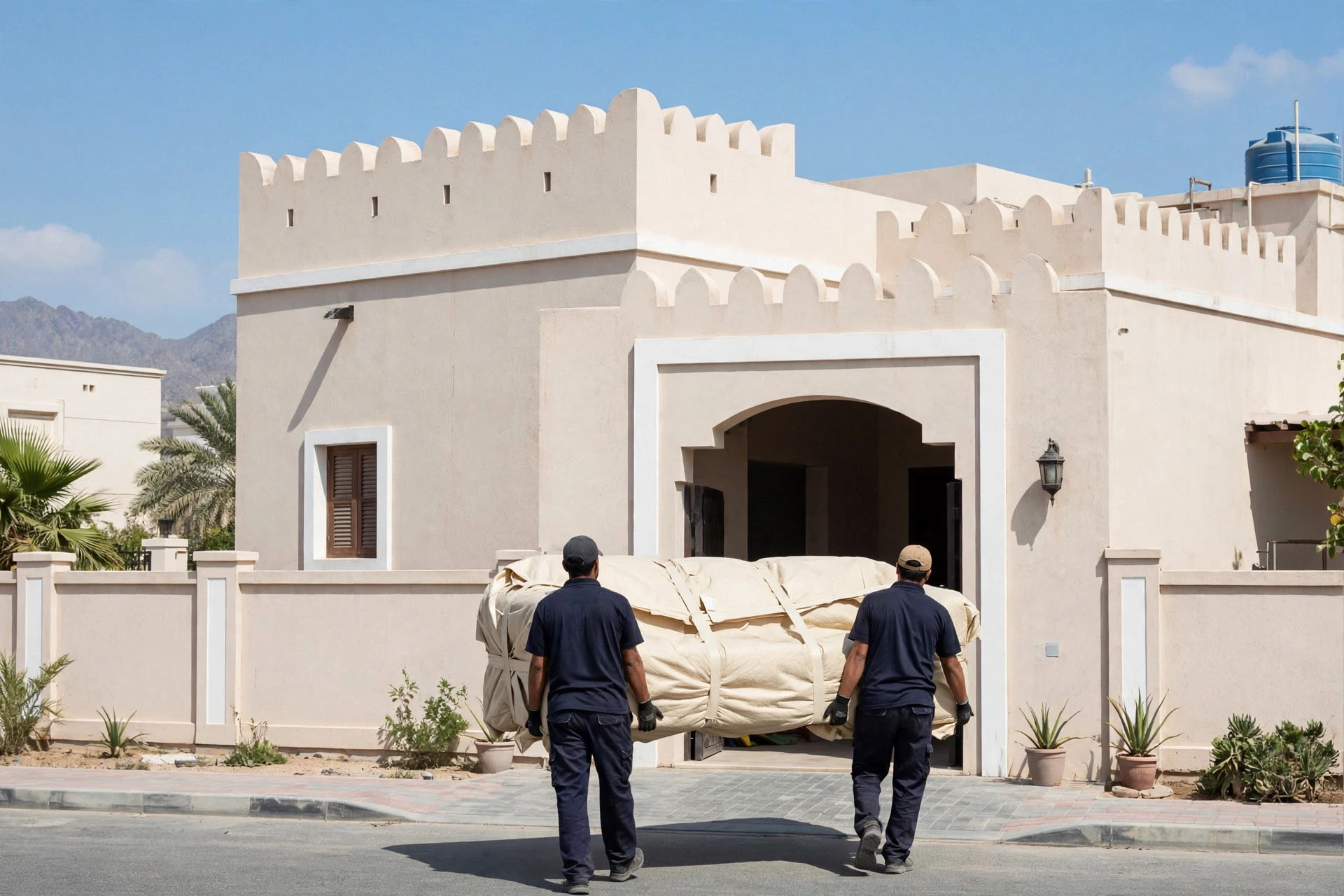 Movers carrying a wrapped sofa through a doorway in Madhab, Fujairah
