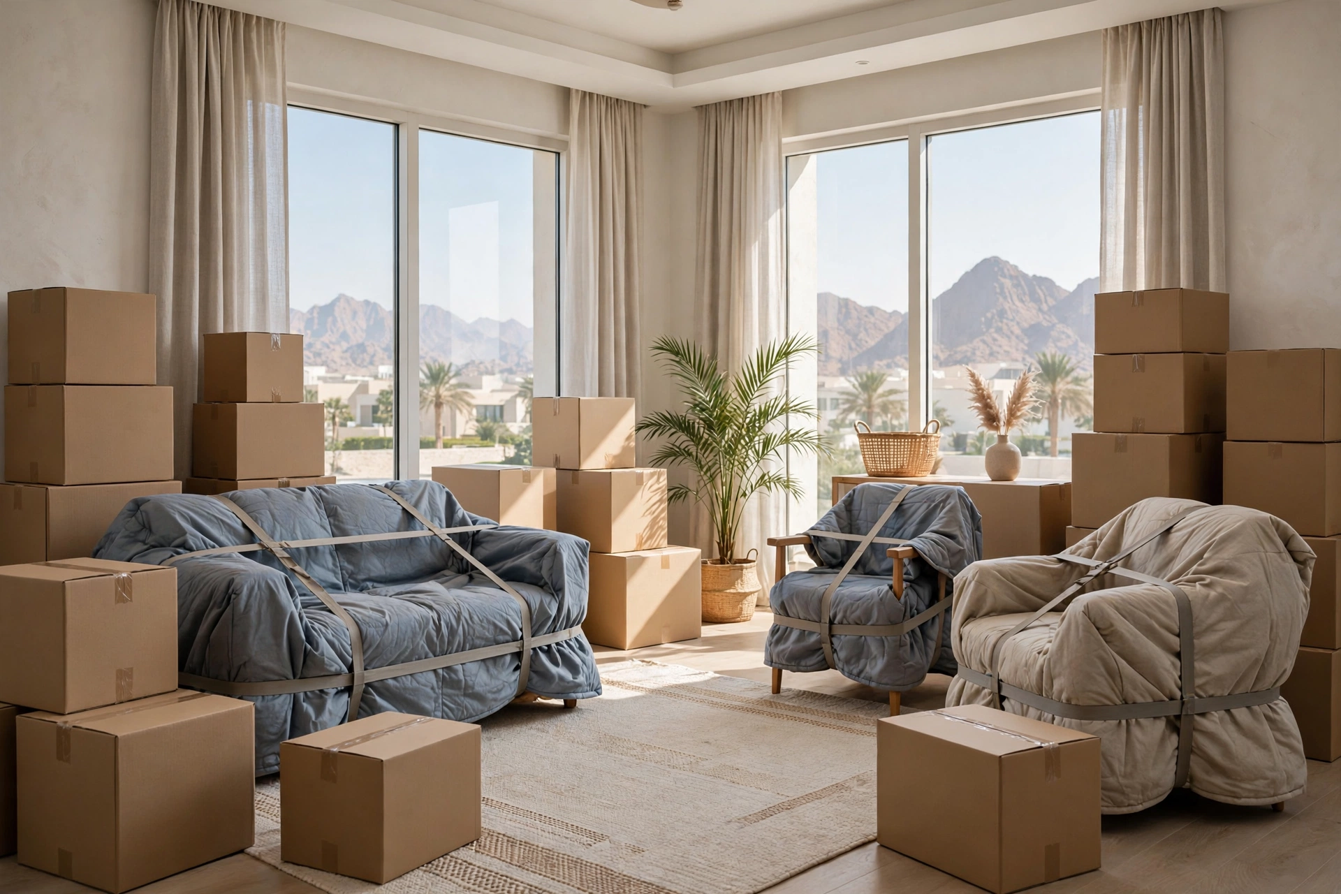 Packed and labelled boxes ready in a bright living room in Madhab, Fujairah
