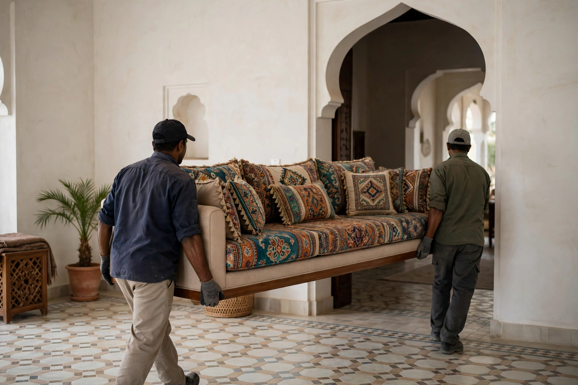 Movers carrying a wrapped majlis sofa through a villa gate in Baniyas