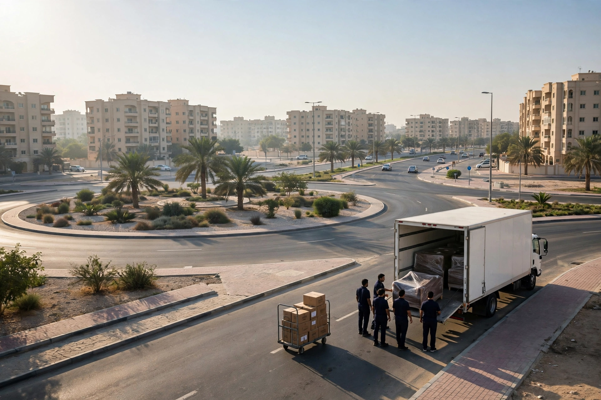 Movers loading a plain white truck outside an apartment block in Maysaloon, Sharjah