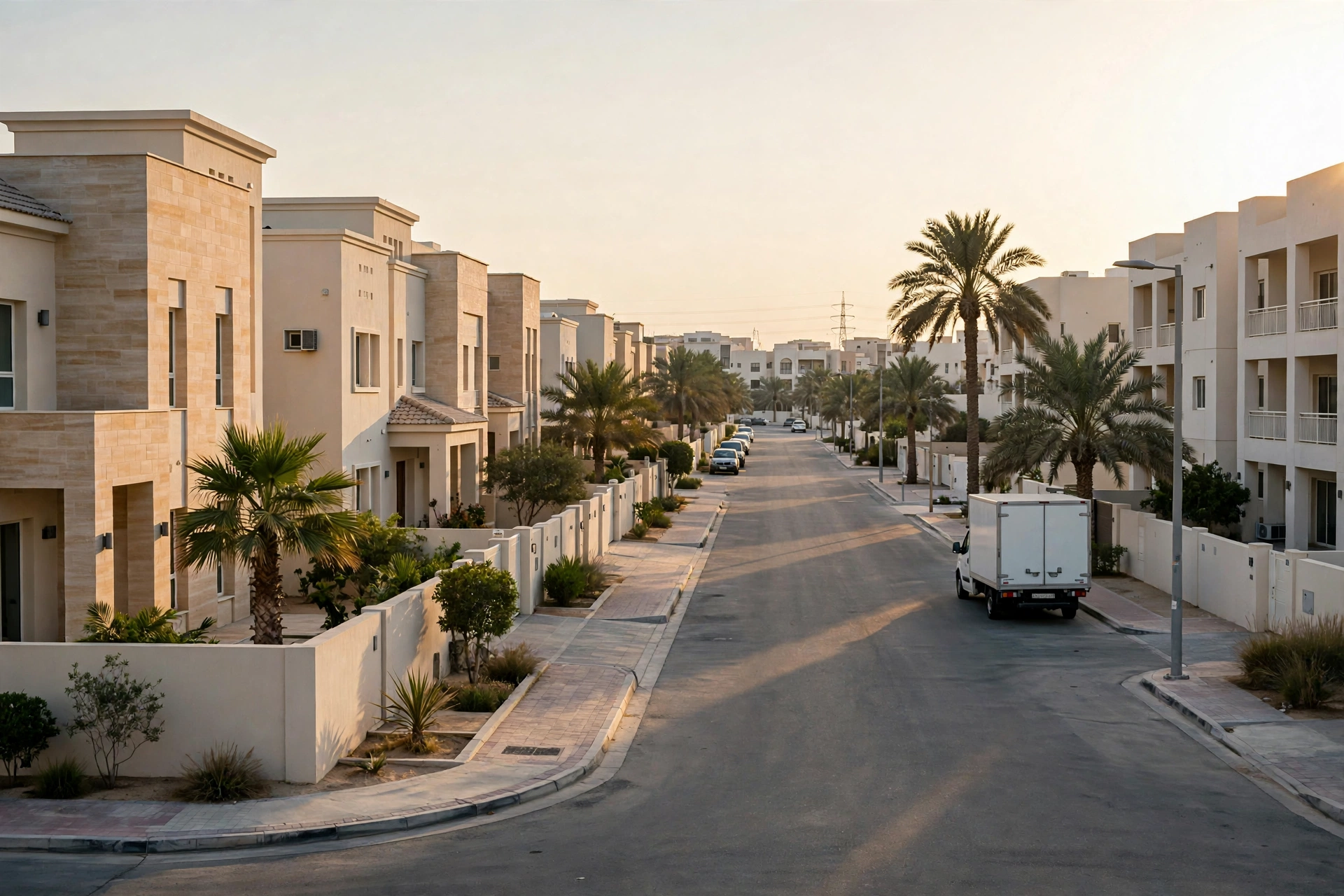 Movers loading a truck outside a villa in Mohammed Bin Zayed City, Abu Dhabi