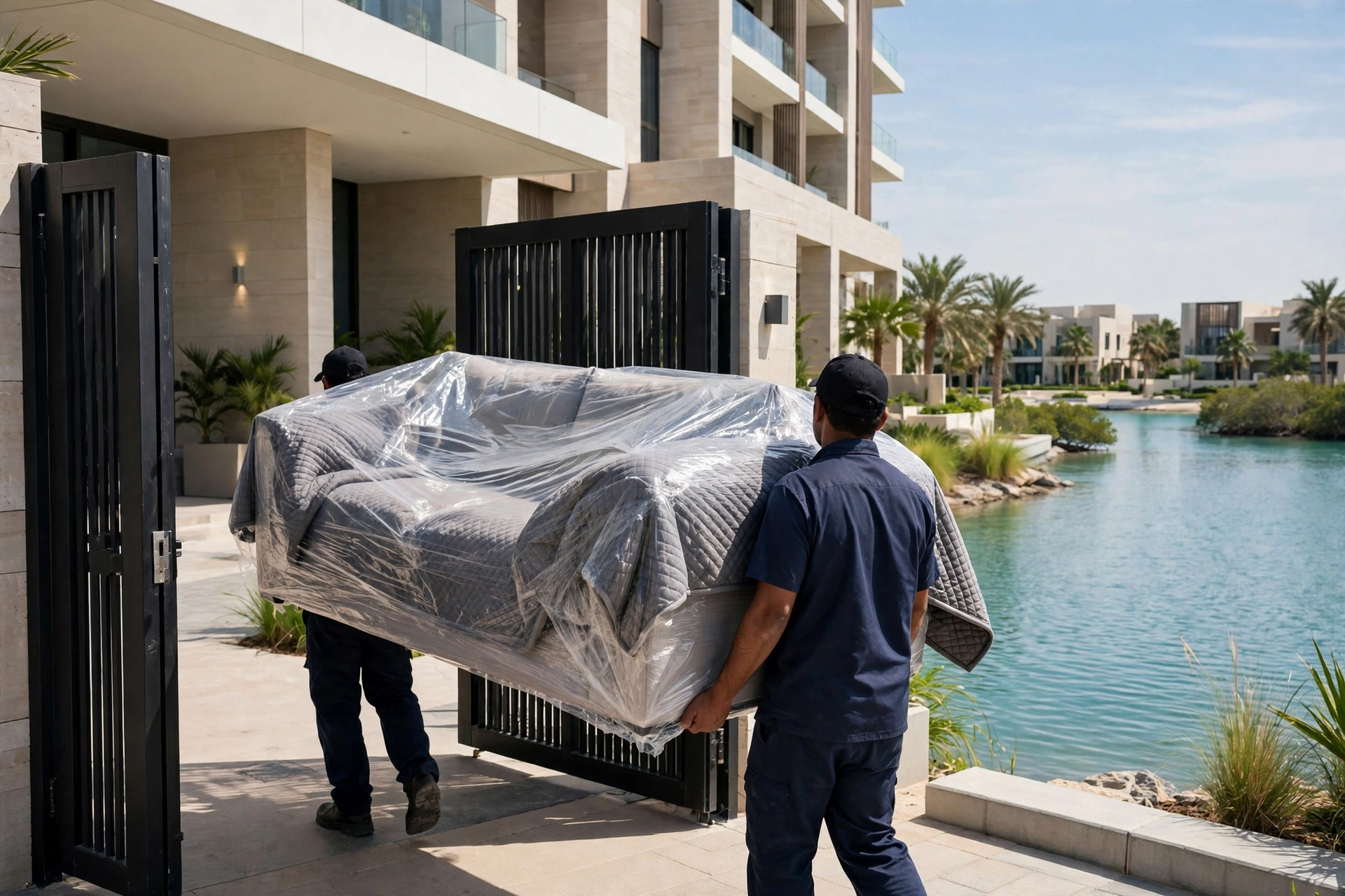 Crew carrying a wrapped wardrobe through a lift lobby in Mina Al Arab