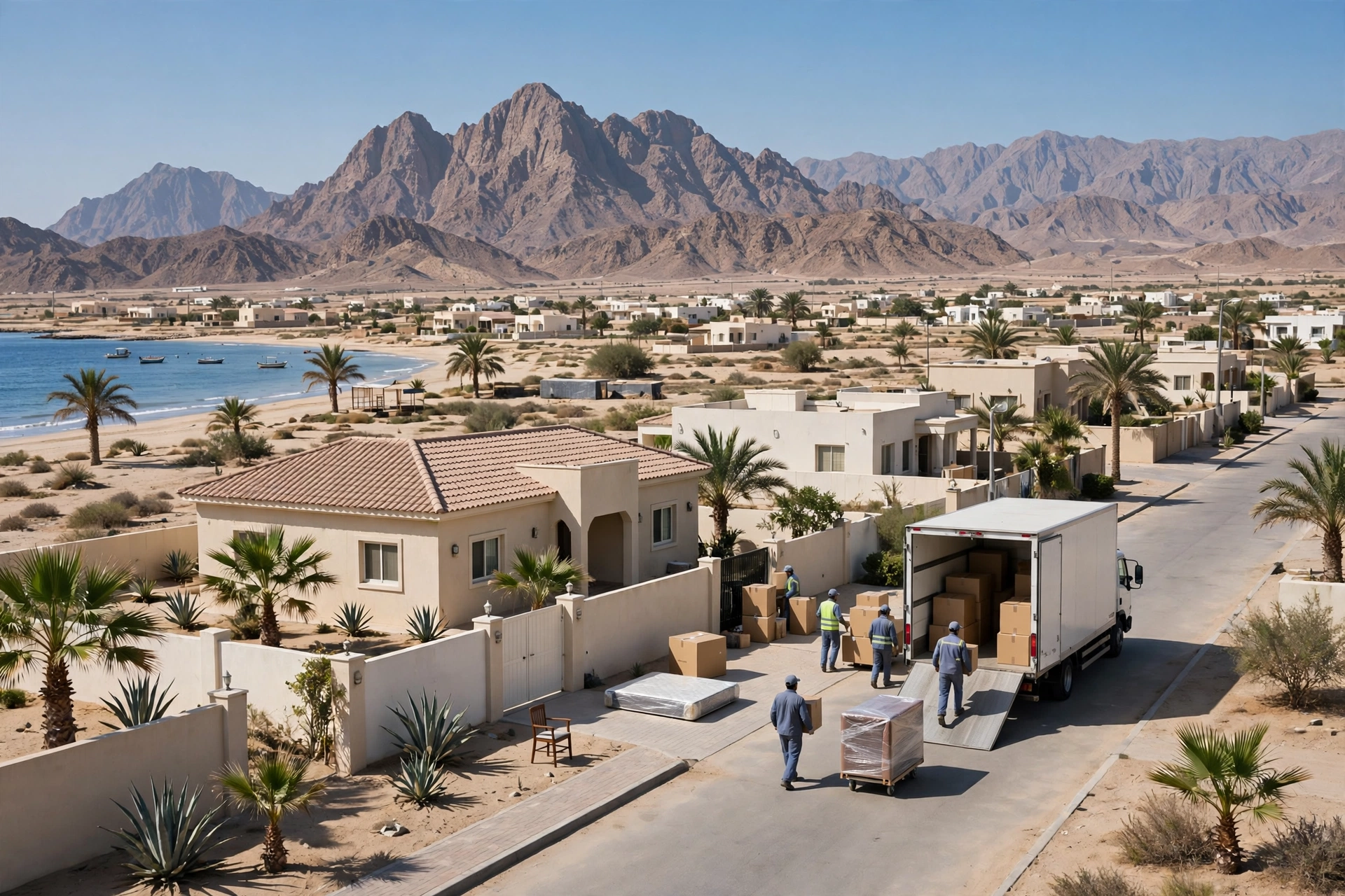 Movers loading a plain white truck outside a home in Mirbah, Fujairah