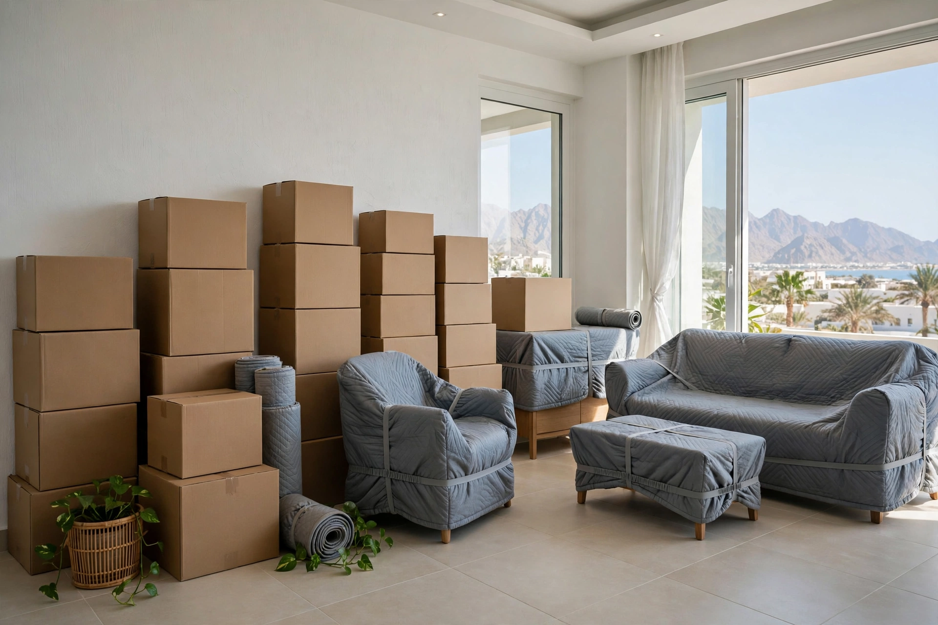 Packed and labelled boxes ready in a bright living room in Mirbah, Fujairah