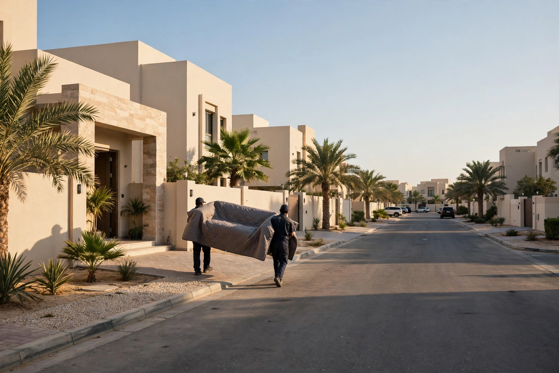 Movers carrying a wrapped sofa into a villa in Al Reef