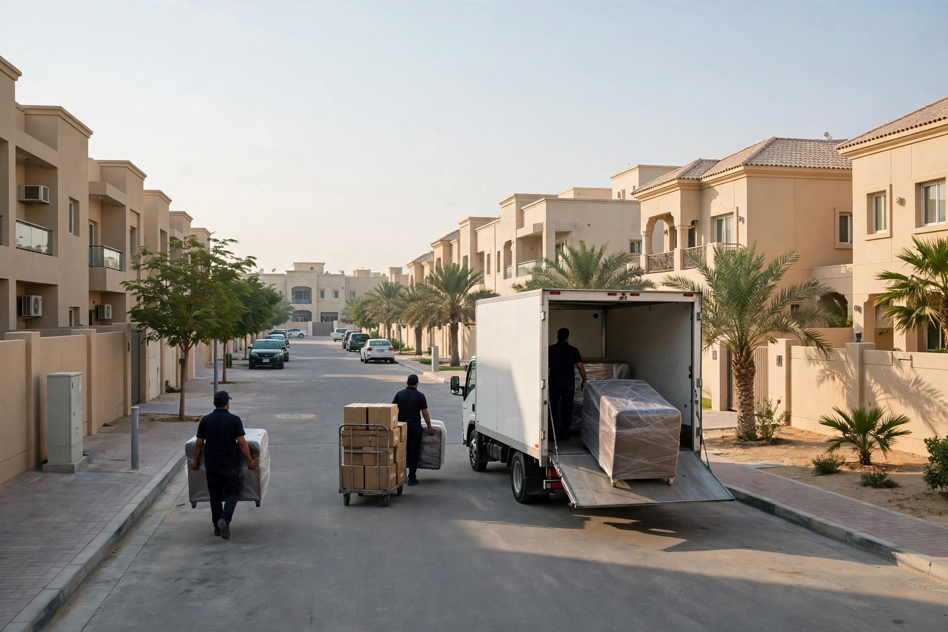 Movers loading a plain white truck outside a modern apartment block in Muwaileh, Sharjah