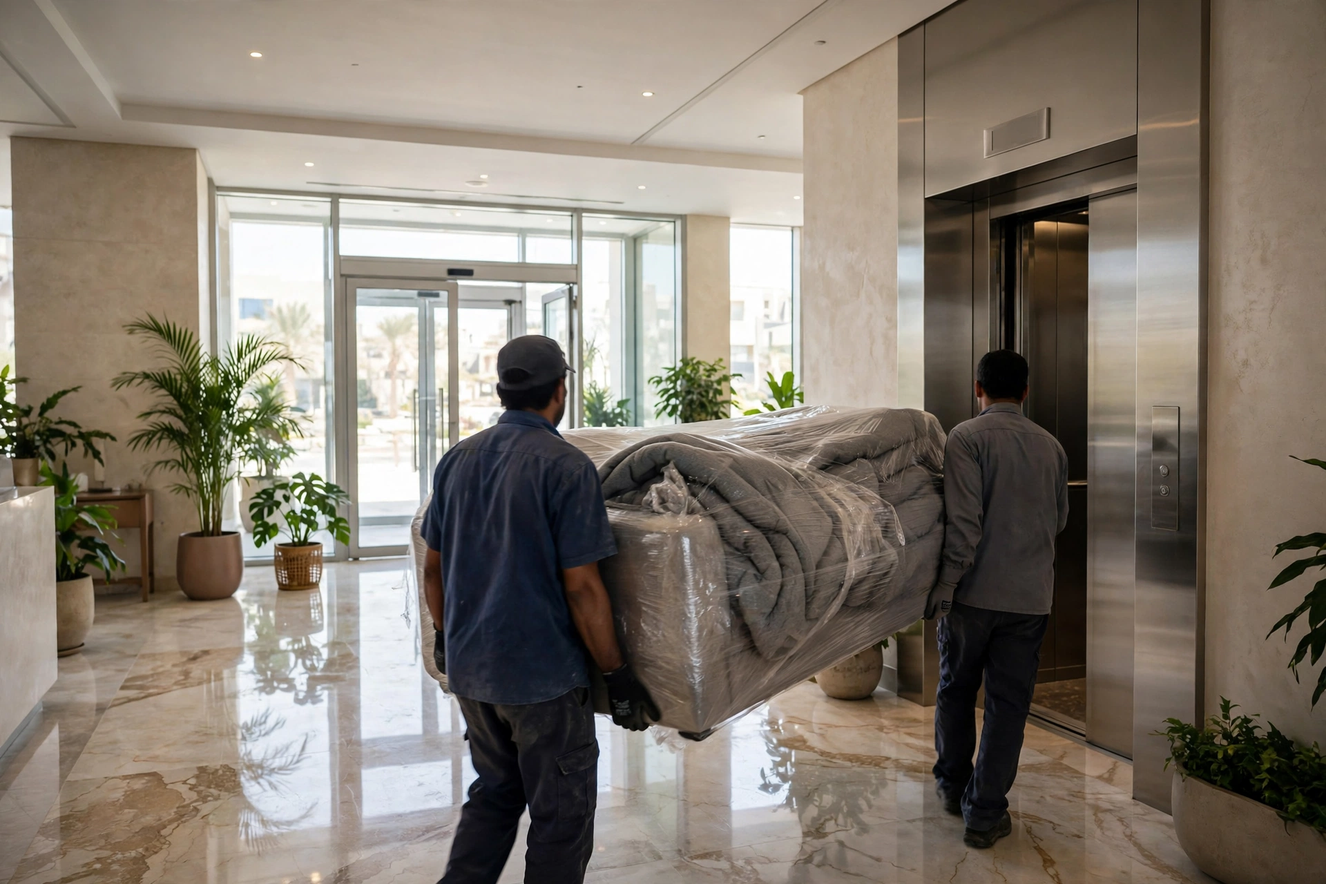 Movers carrying a wrapped kids bed through a lift lobby in Muwaileh, Sharjah