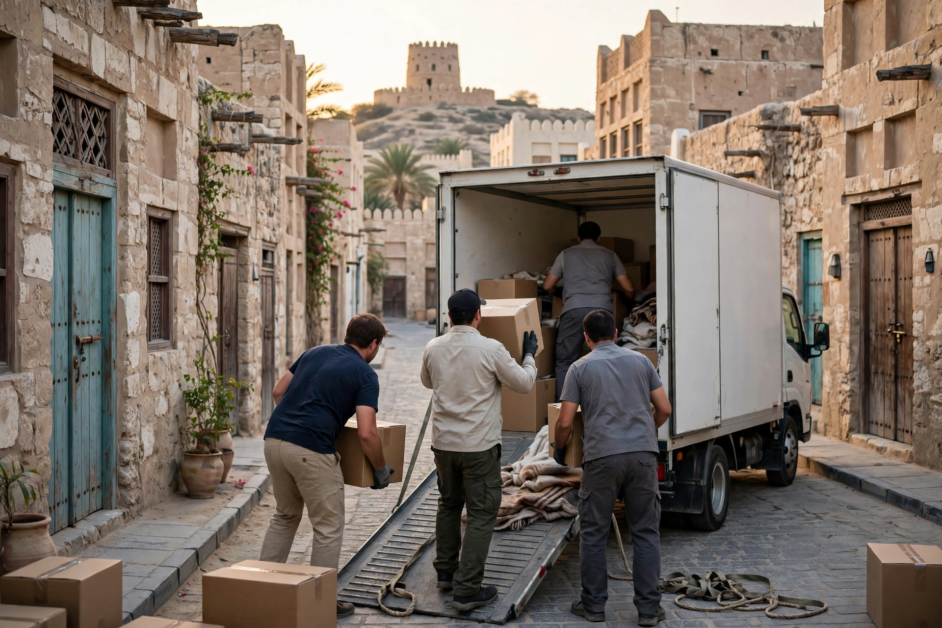 Movers loading a plain white truck outside a home in Old Town, Umm Al Quwain