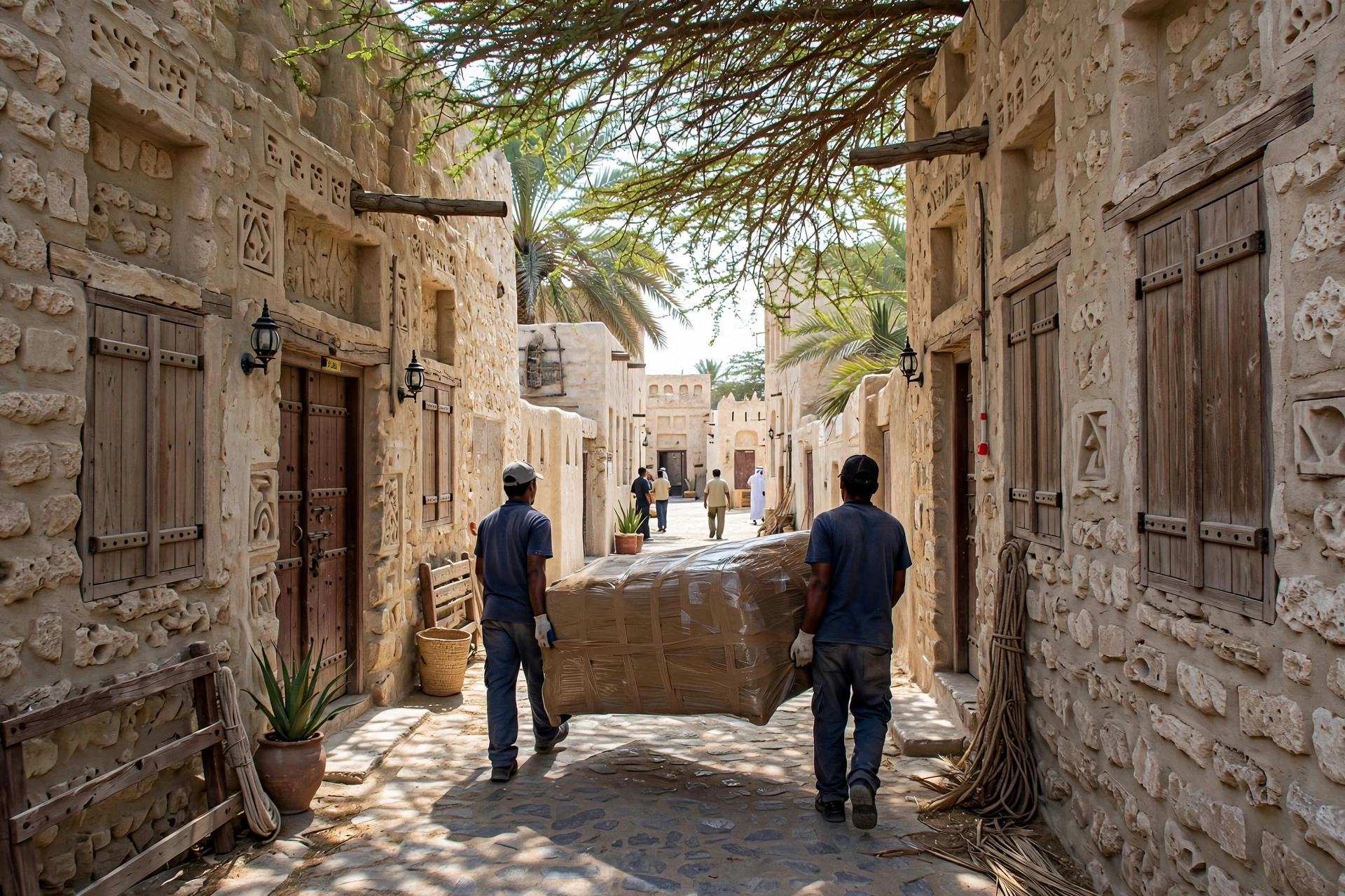 Movers carrying a wrapped sofa in Old Town, Umm Al Quwain