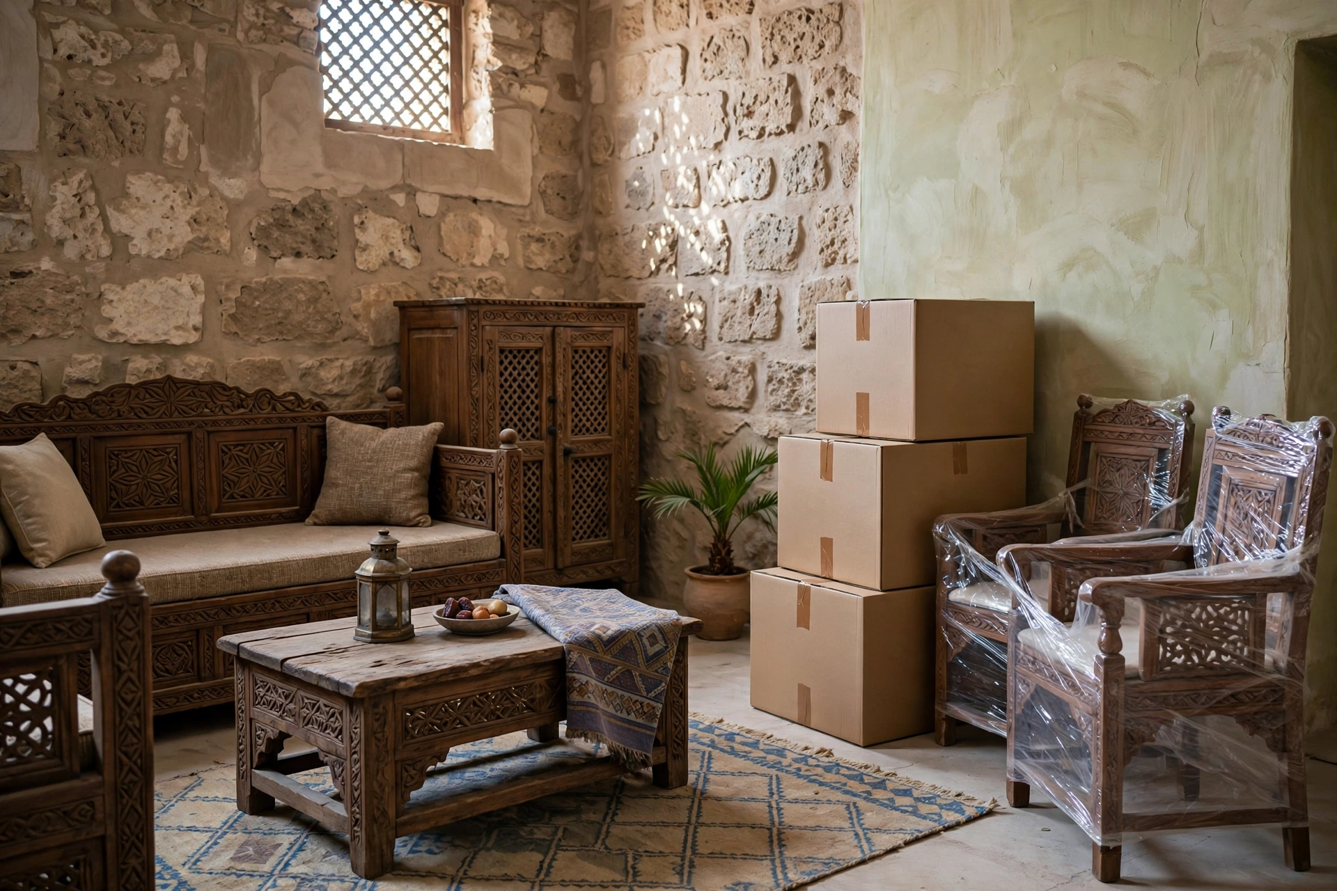 Packed and labelled boxes in a living room in Old Town, Umm Al Quwain