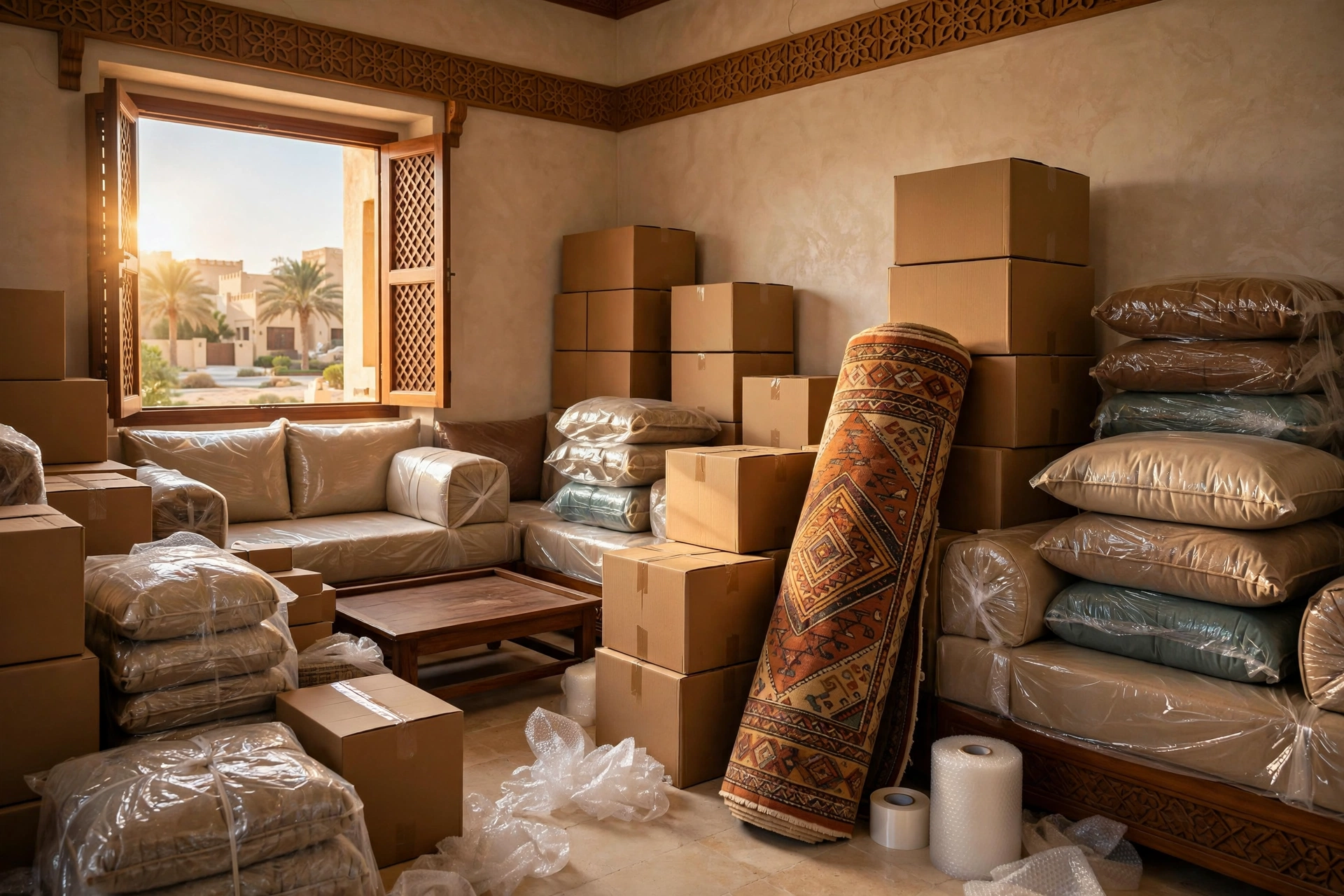 Packed and labelled boxes in a Baniyas villa living room