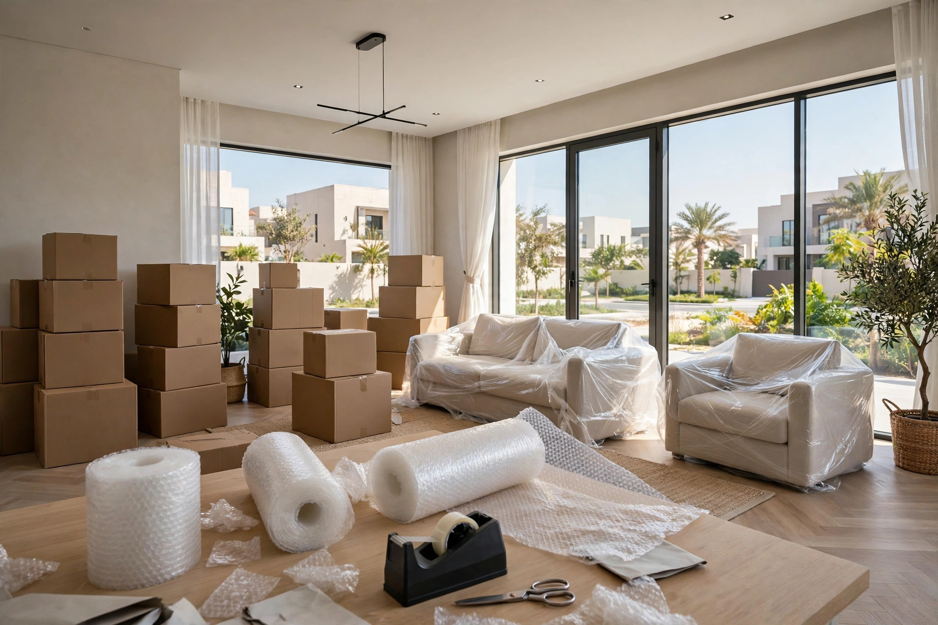 Packed and labelled boxes in an Al Reef villa living room
