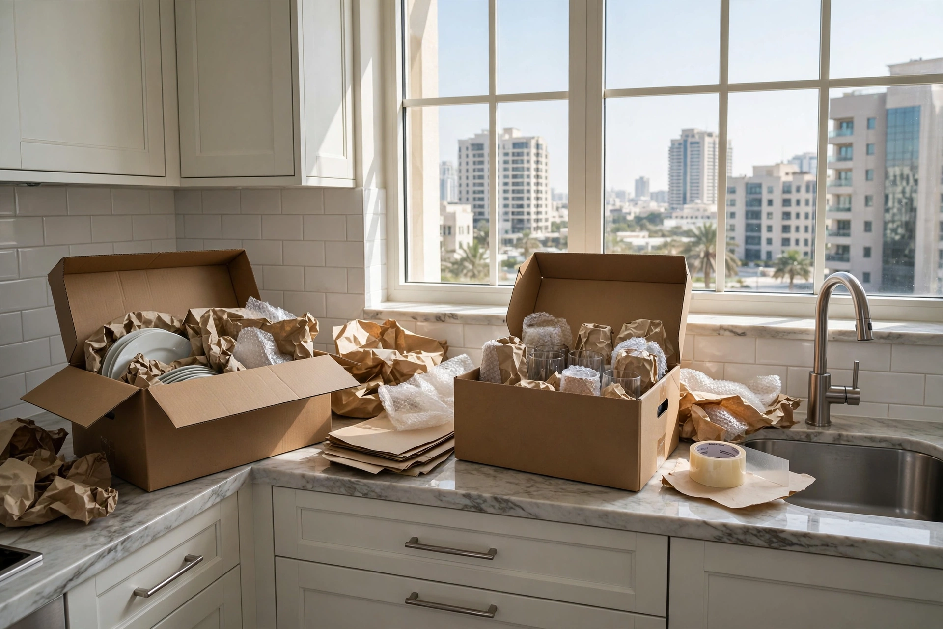 Packed and labelled boxes inside an Al Khalidiyah apartment