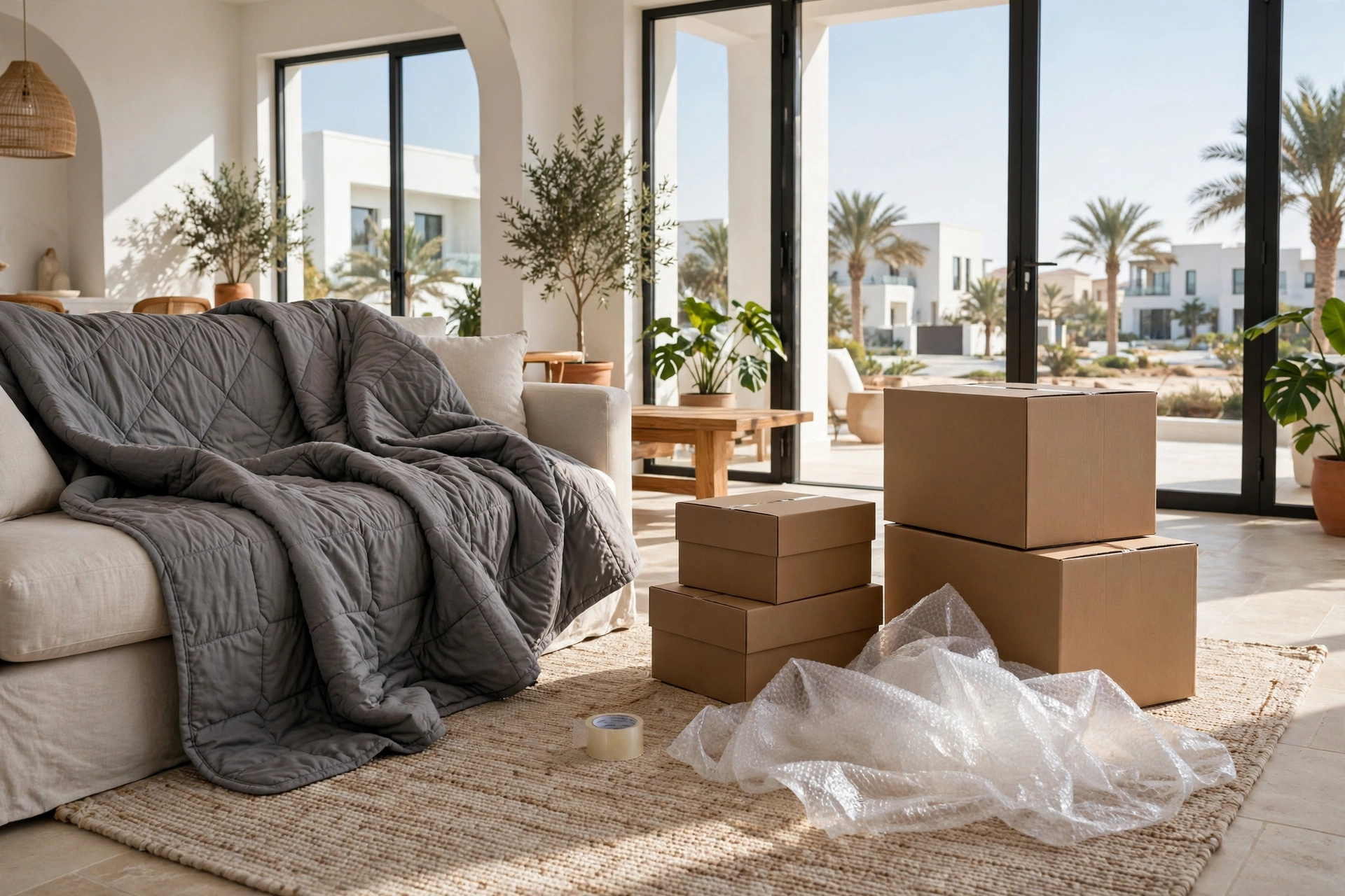 Packed and labelled boxes ready in a Khalifa City villa living room