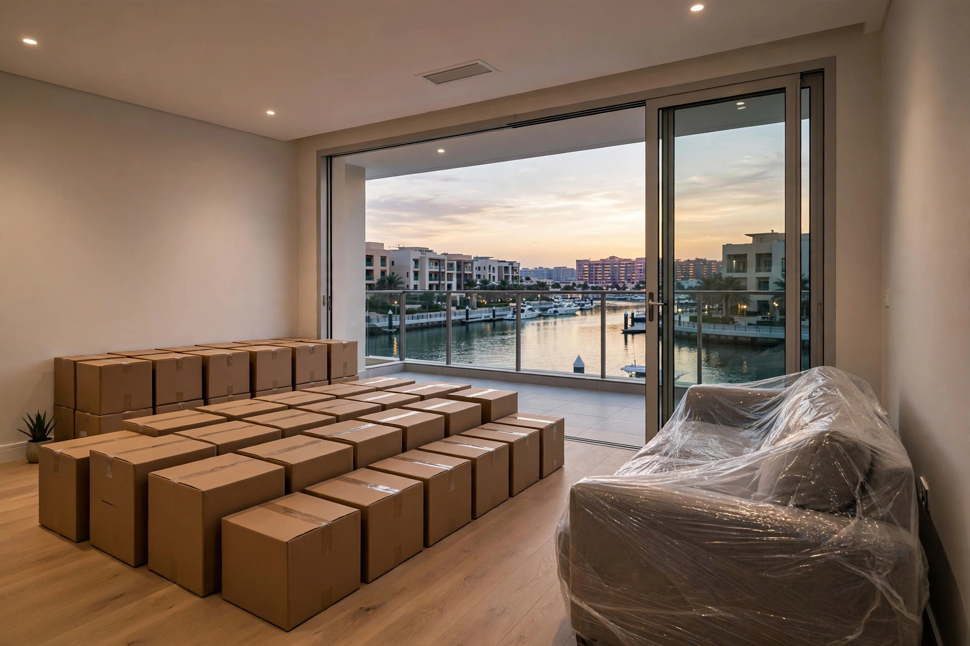 Packed and labelled boxes in a waterfront Al Raha Beach apartment