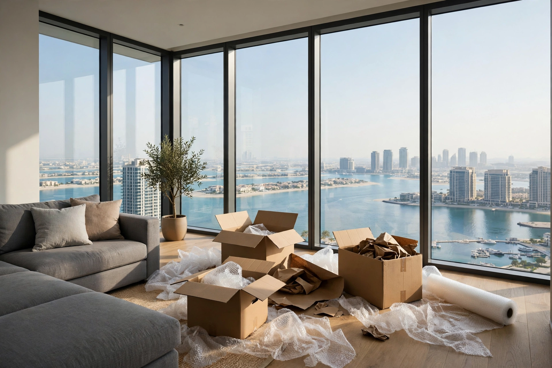 Packed and labelled boxes in an Al Reem Island apartment with sea view