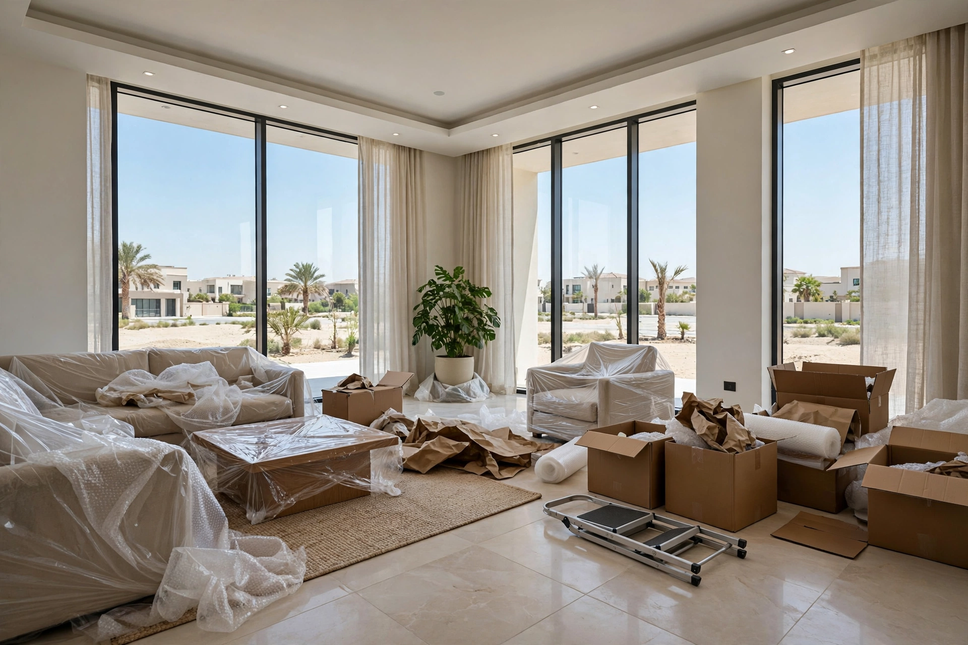 Packed and labelled boxes in a new Al Shamkha villa living room