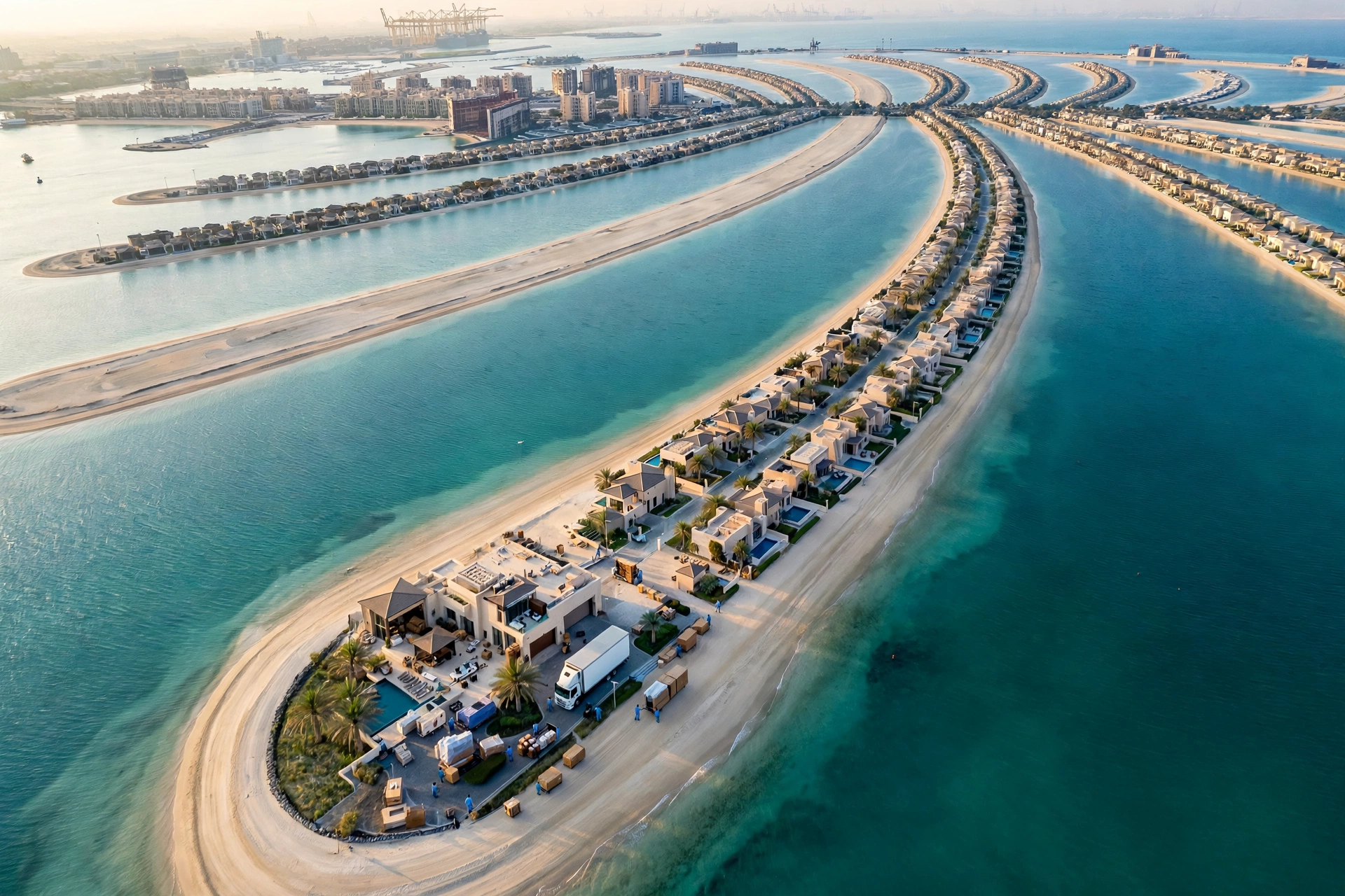 Movers loading a plain white truck outside a new island villa in Palm Jebel Ali, Dubai