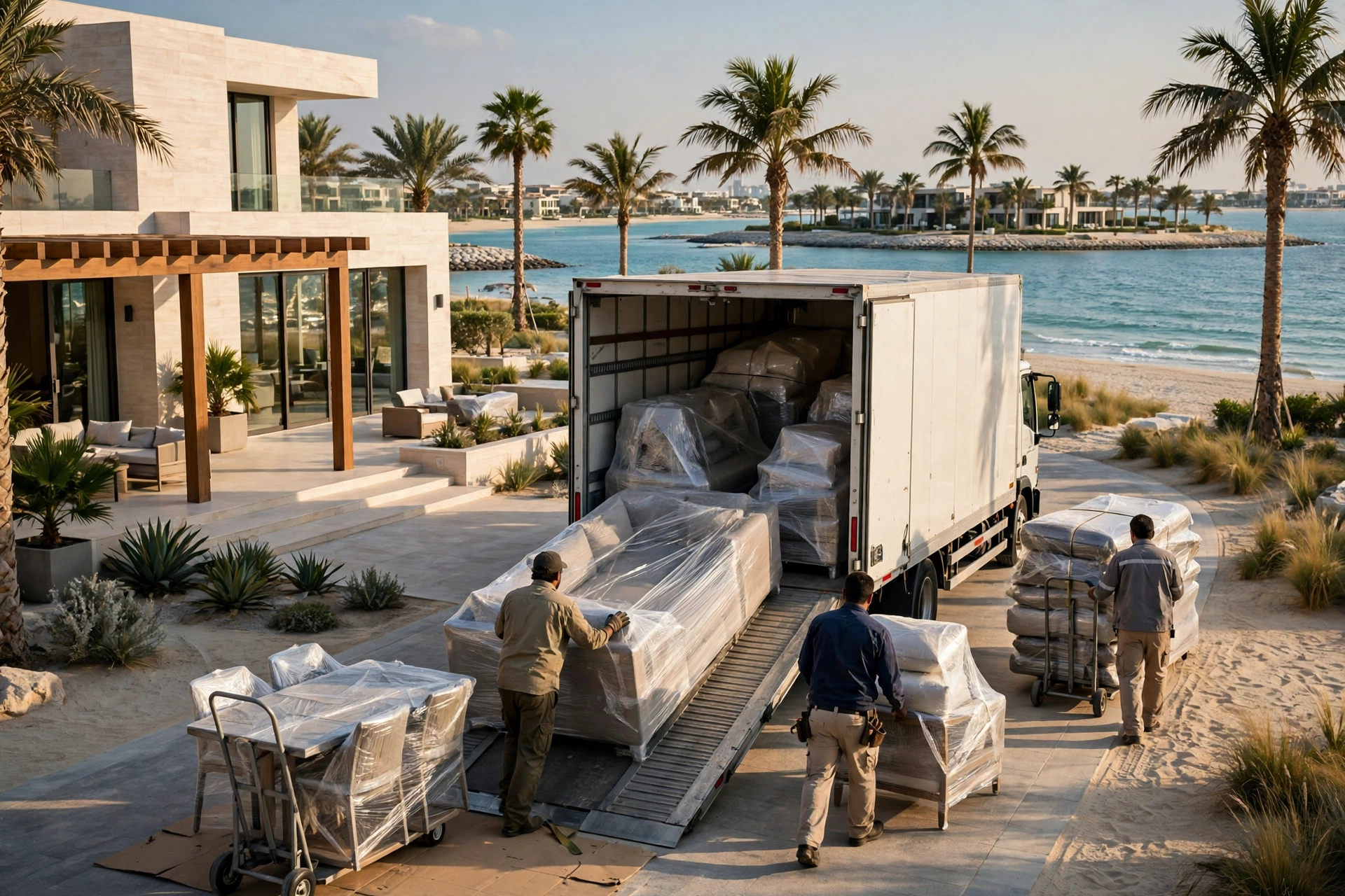 Packed and labelled boxes ready in a bright living room in Palm Jebel Ali, Dubai