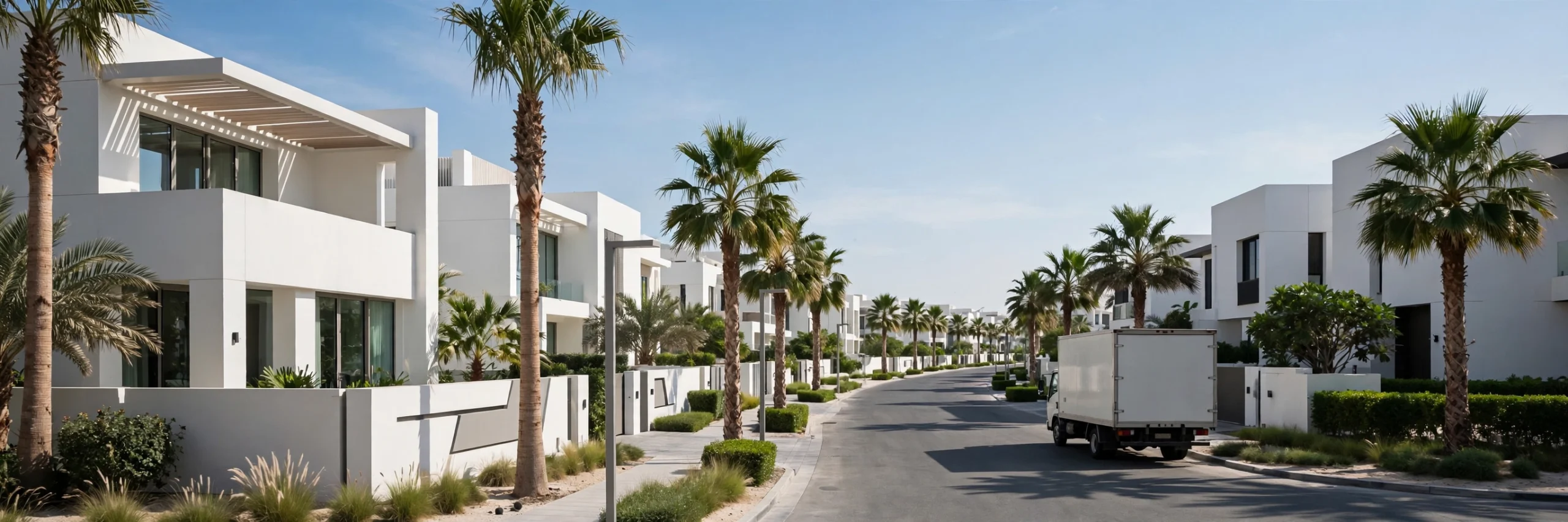 Movers loading furniture into a truck outside a Palm Jumeirah villa