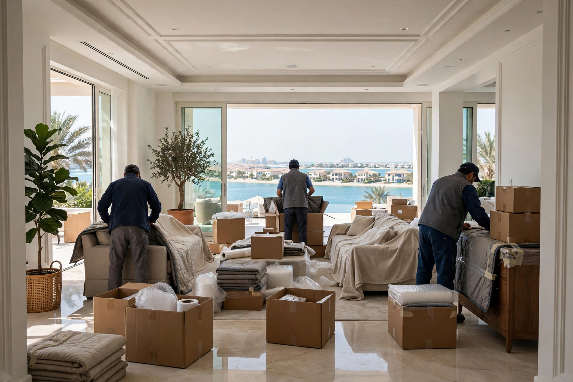Movers packing furniture inside a Palm Jumeirah villa