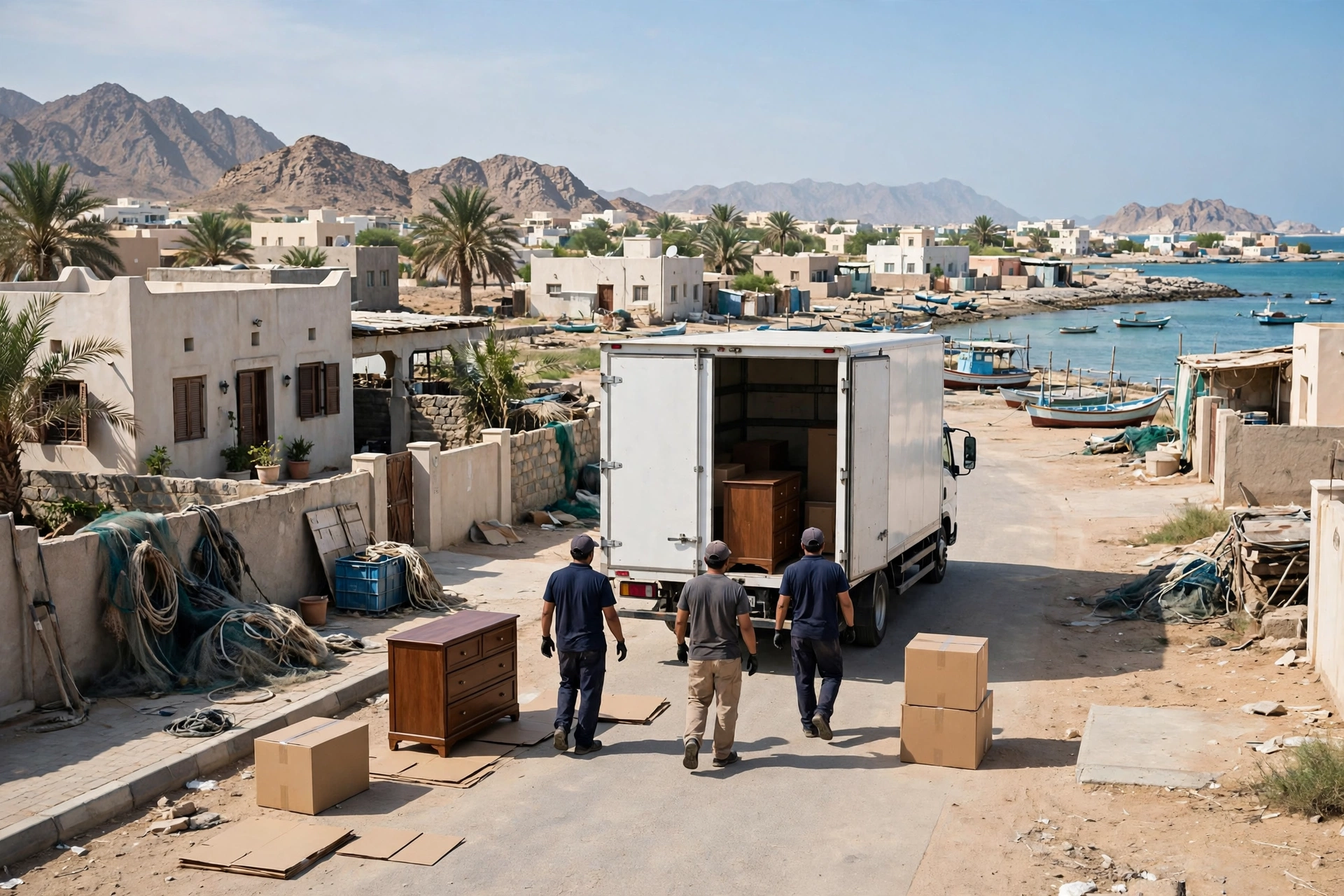 Movers loading a plain white truck outside a home in Qidfa, Fujairah