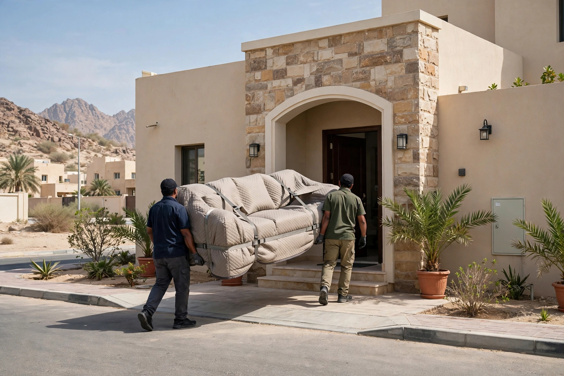 Movers carrying a wrapped sofa through a doorway in Qidfa, Fujairah