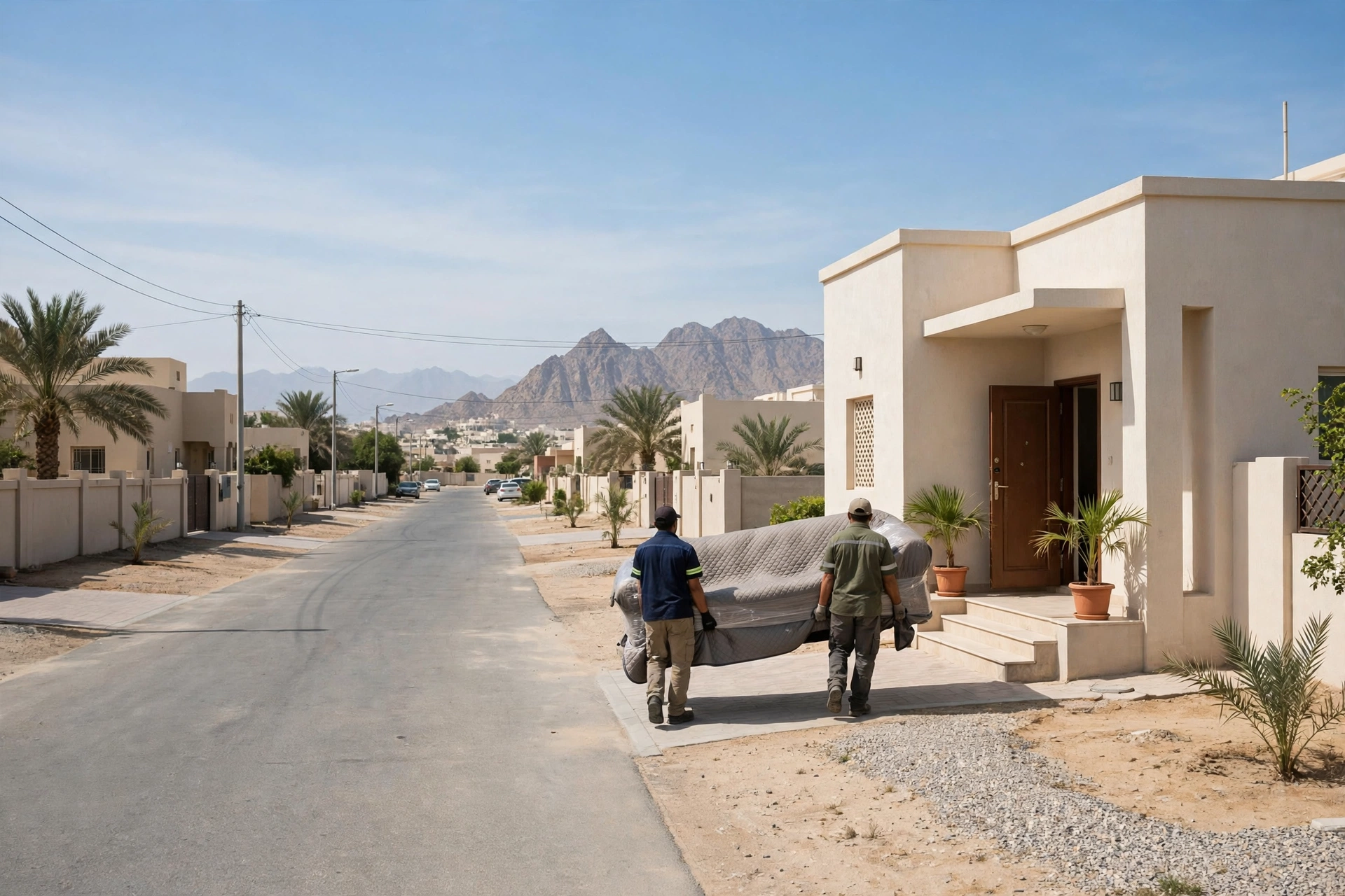 Movers carrying a wrapped sofa through a doorway in Rugaylat, Fujairah