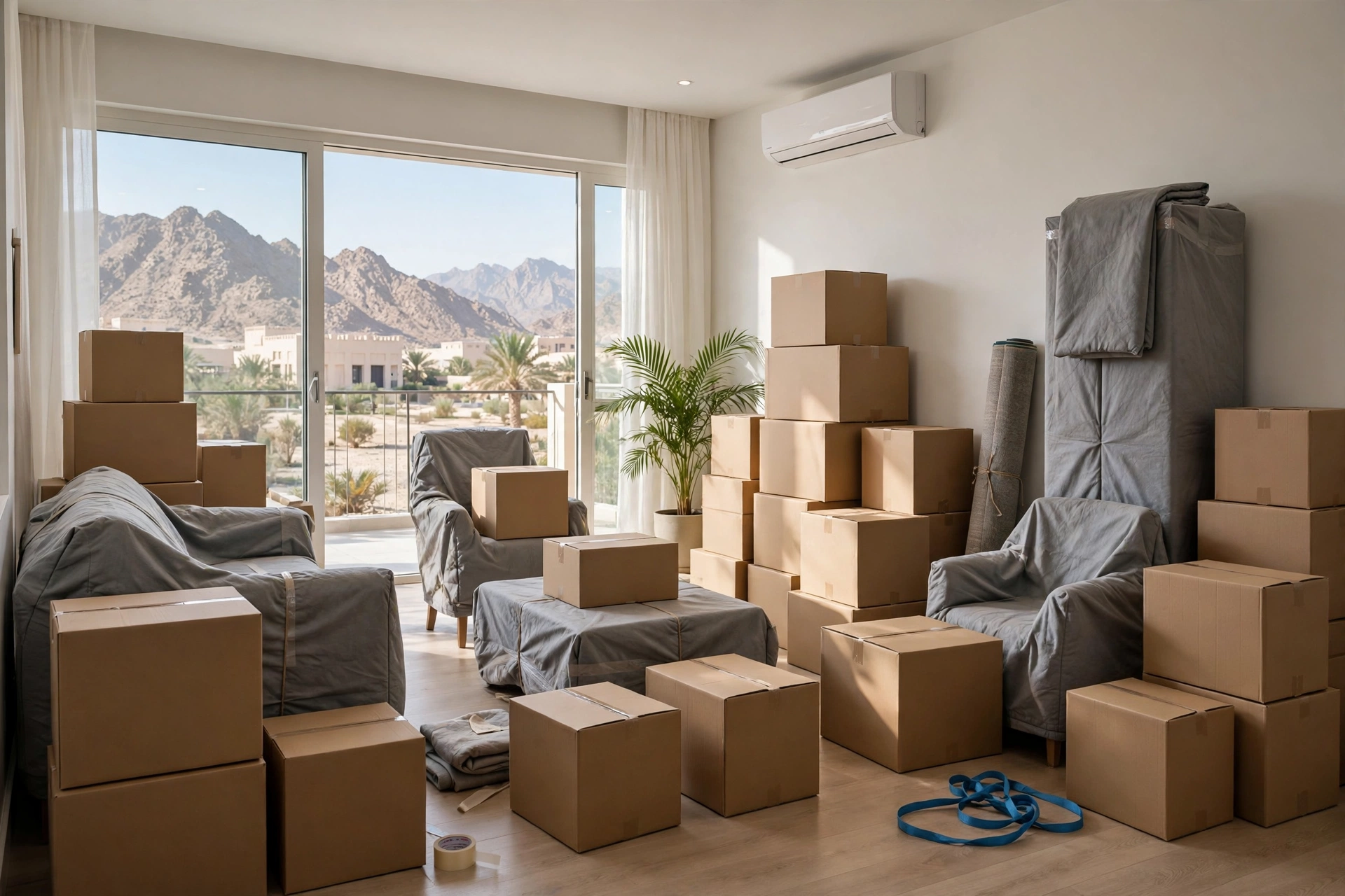 Packed and labelled boxes ready in a bright living room in Rugaylat, Fujairah