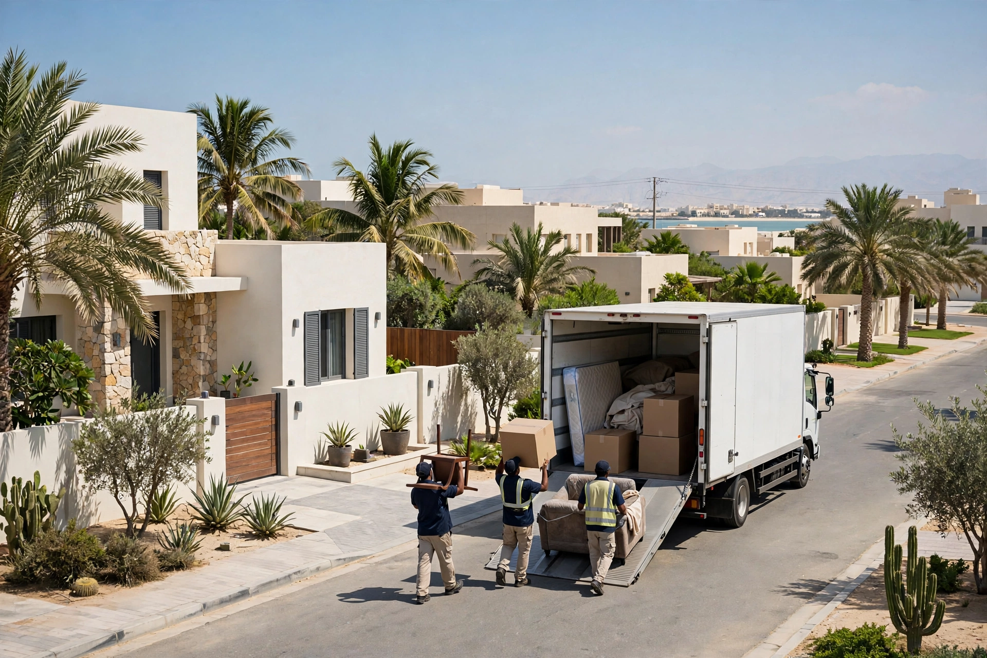 Movers loading a plain white truck outside a home in Sakamkam, Fujairah