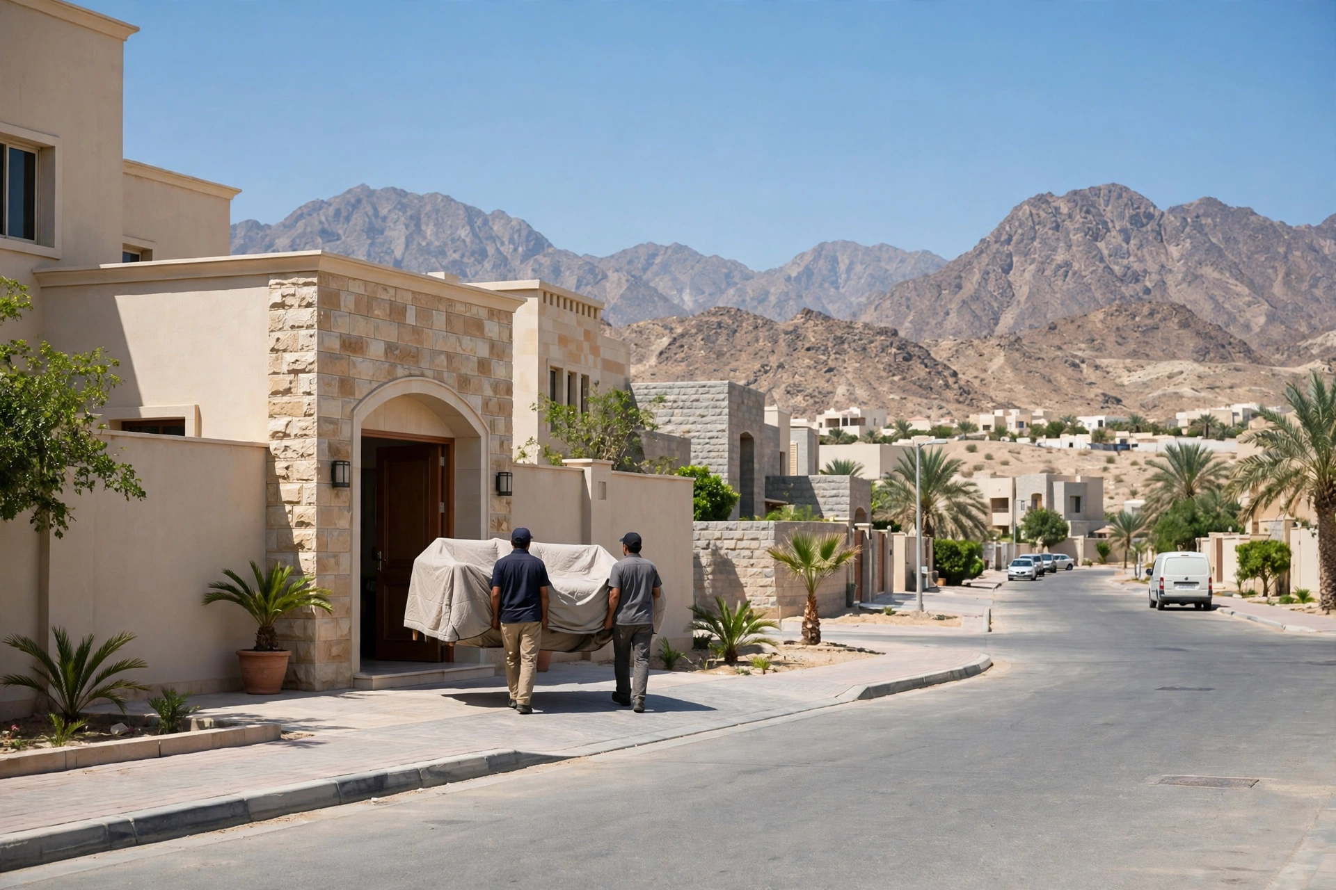 Movers carrying a wrapped sofa through a doorway in Sakamkam, Fujairah
