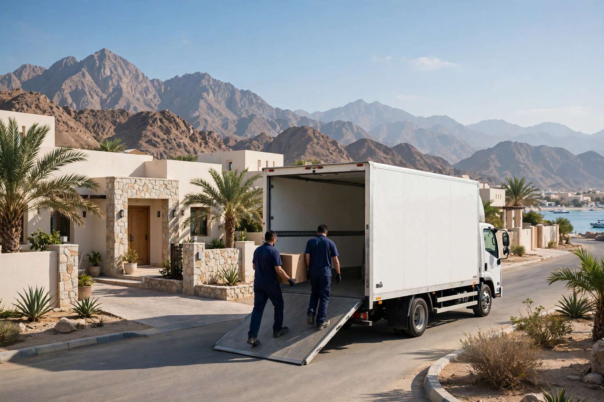 Movers loading a plain white truck outside a family villa in Sam Brair, Dibba