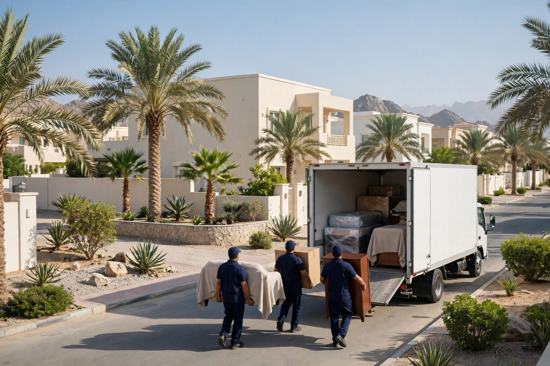 Movers loading a plain white truck outside a farmhouse in Seih Al Uraibi, Ras Al Khaimah