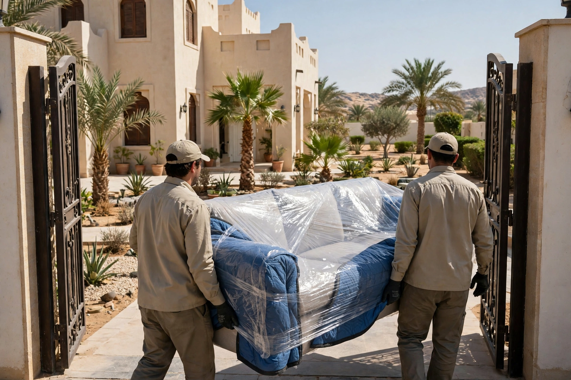 Crew carrying a wrapped majlis sofa across a farmhouse yard in Seih Al Uraibi