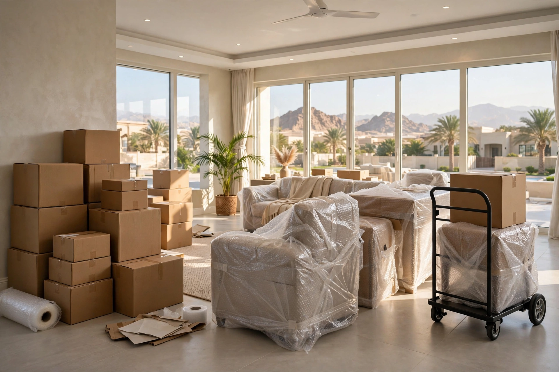 Labelled packing boxes stacked in a bright Seih Al Uraibi living room