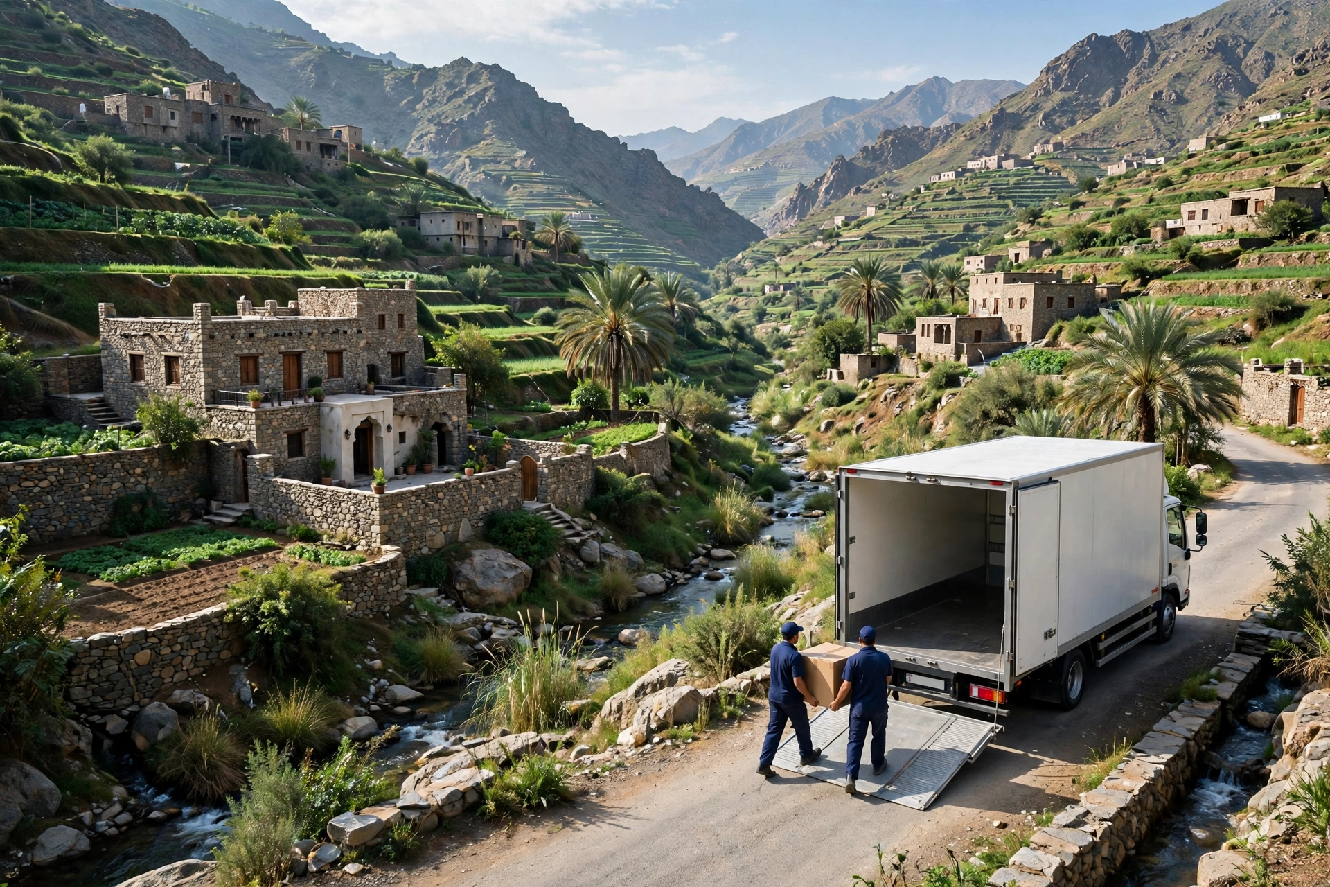 Movers loading a plain white truck outside a home in Shees, Khor Fakkan