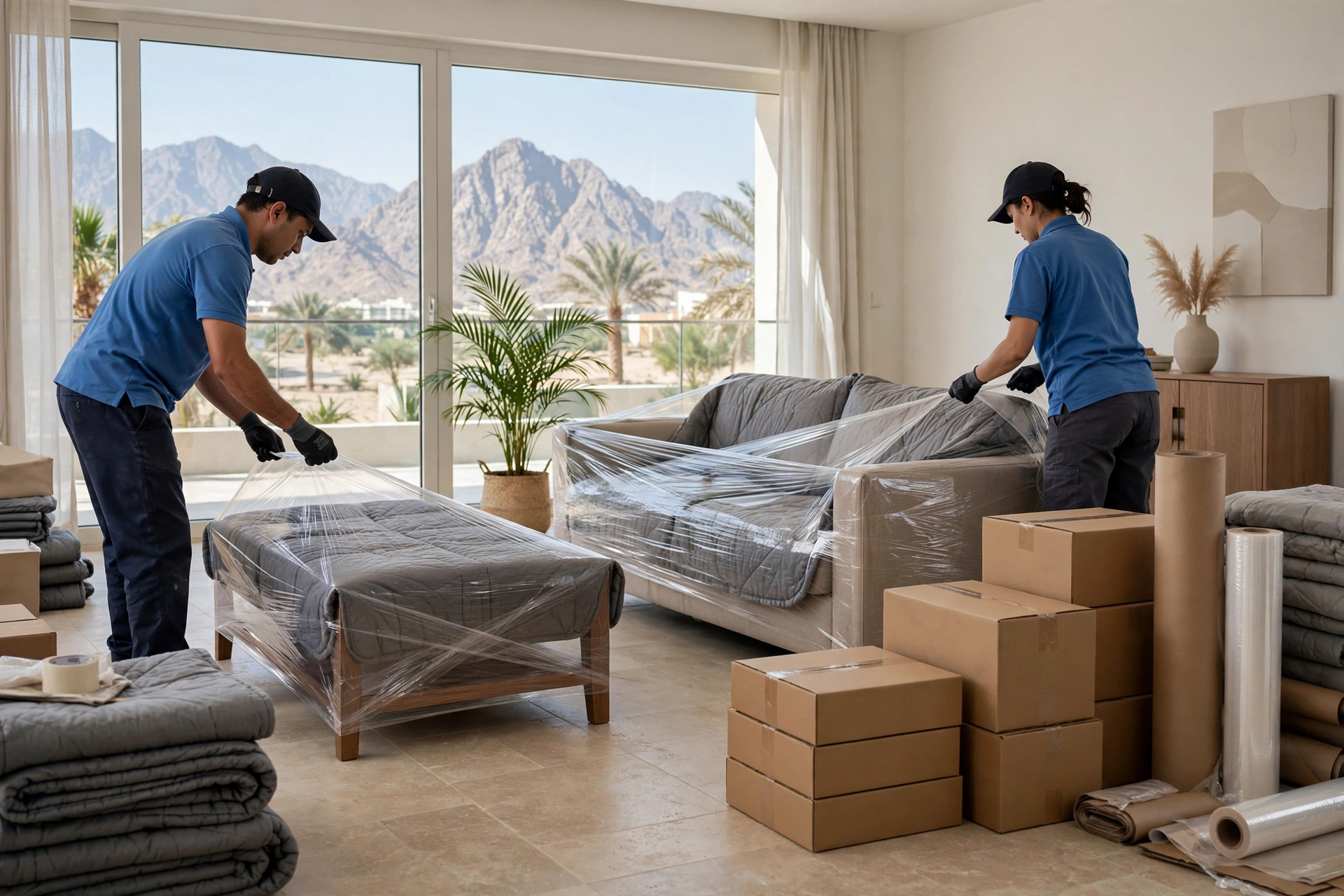 Movers carrying a wrapped sofa through a doorway in Shees, Khor Fakkan