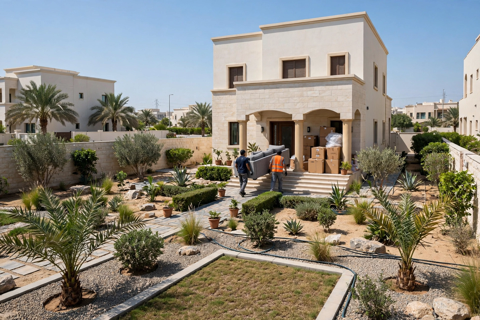 Movers carrying a wrapped sofa through a villa gate in Mohammed Bin Zayed City