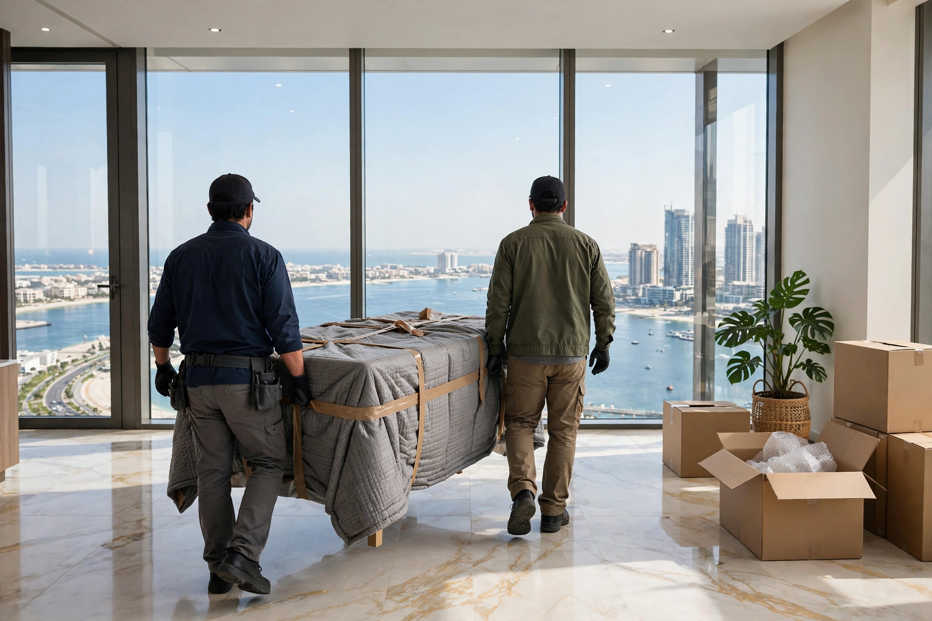 Movers carrying a wrapped table into a Corniche Road tower entrance