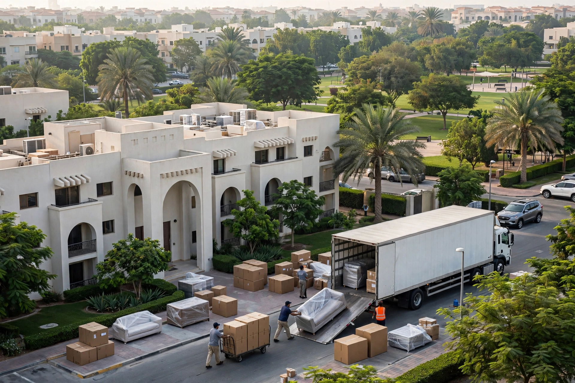 Movers loading a plain white truck outside a low-rise block in The Gardens, Dubai