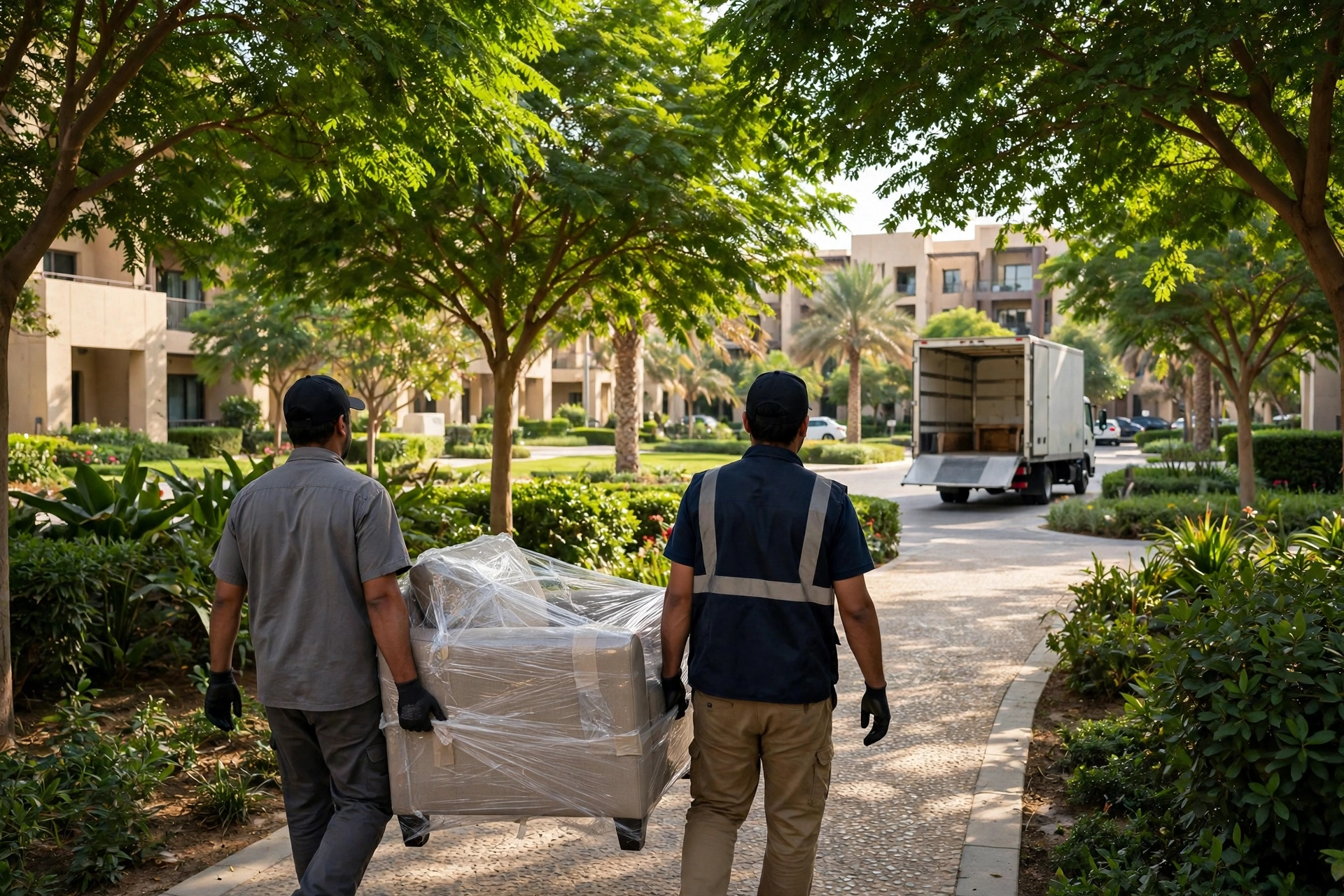 Packed and labelled boxes ready in a bright living room in The Gardens, Dubai