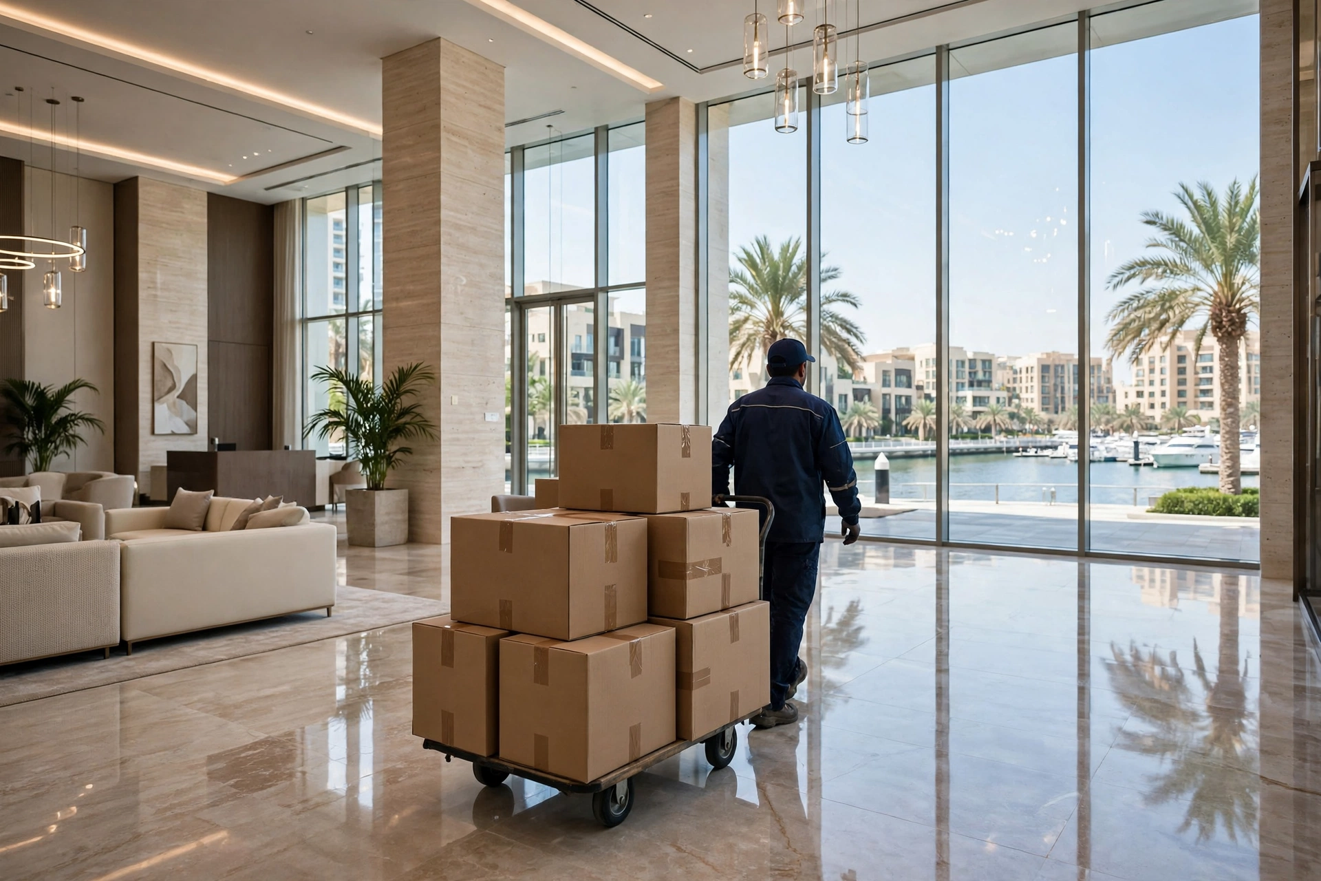 Mover wheeling a wrapped cabinet through a tower lobby at Al Raha Beach