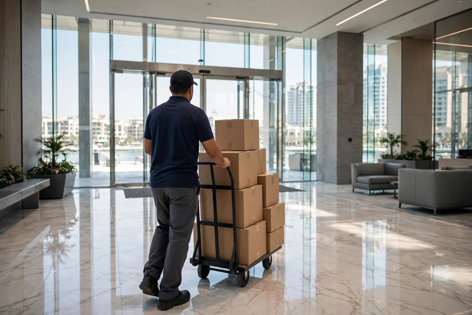 Mover wheeling a wrapped wardrobe through a tower lobby on Al Reem Island