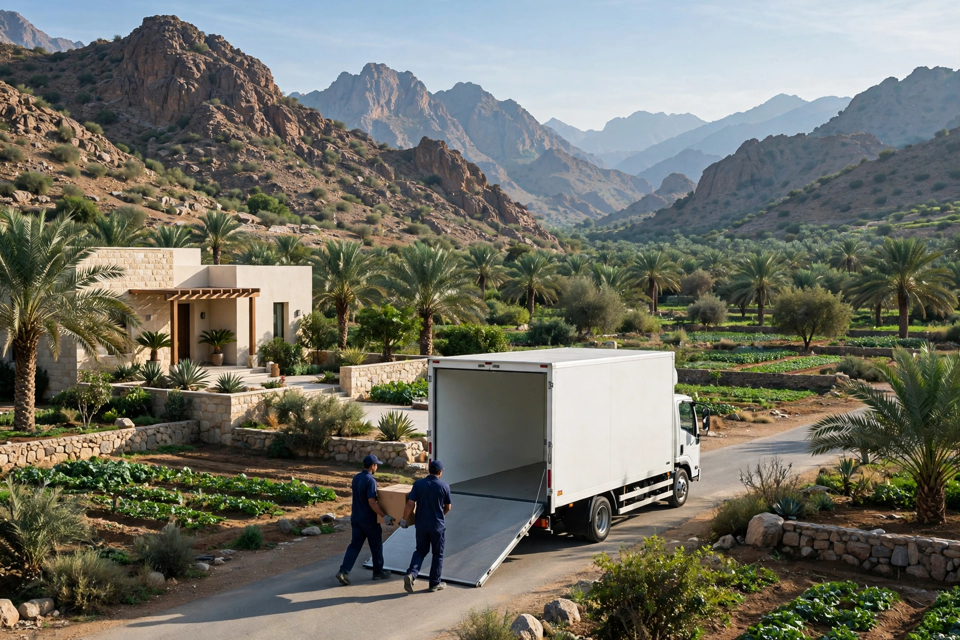 Movers loading a plain white truck outside a home in Wadi Shees, Khor Fakkan